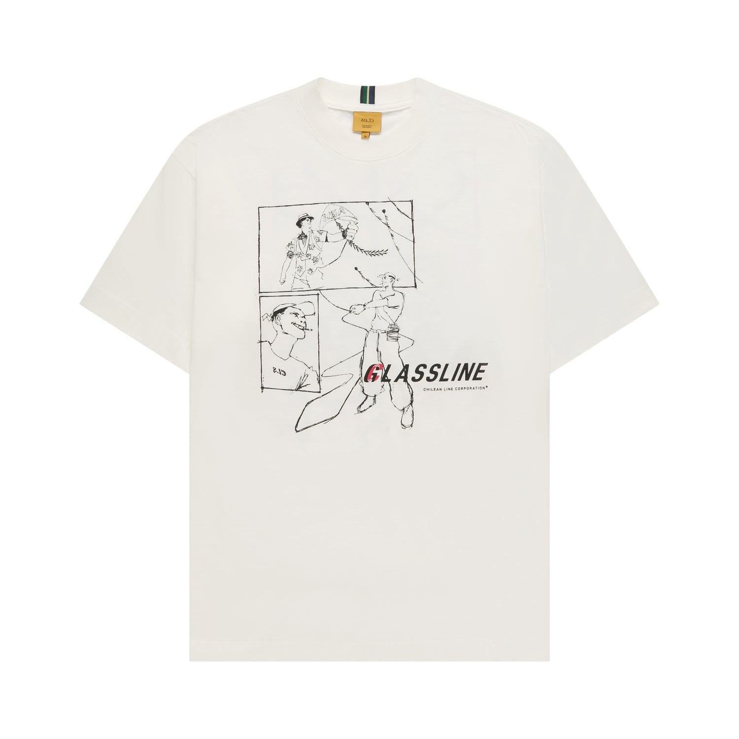 Camiseta off-white com estampa na frente e texto GLASSLINE em destaque