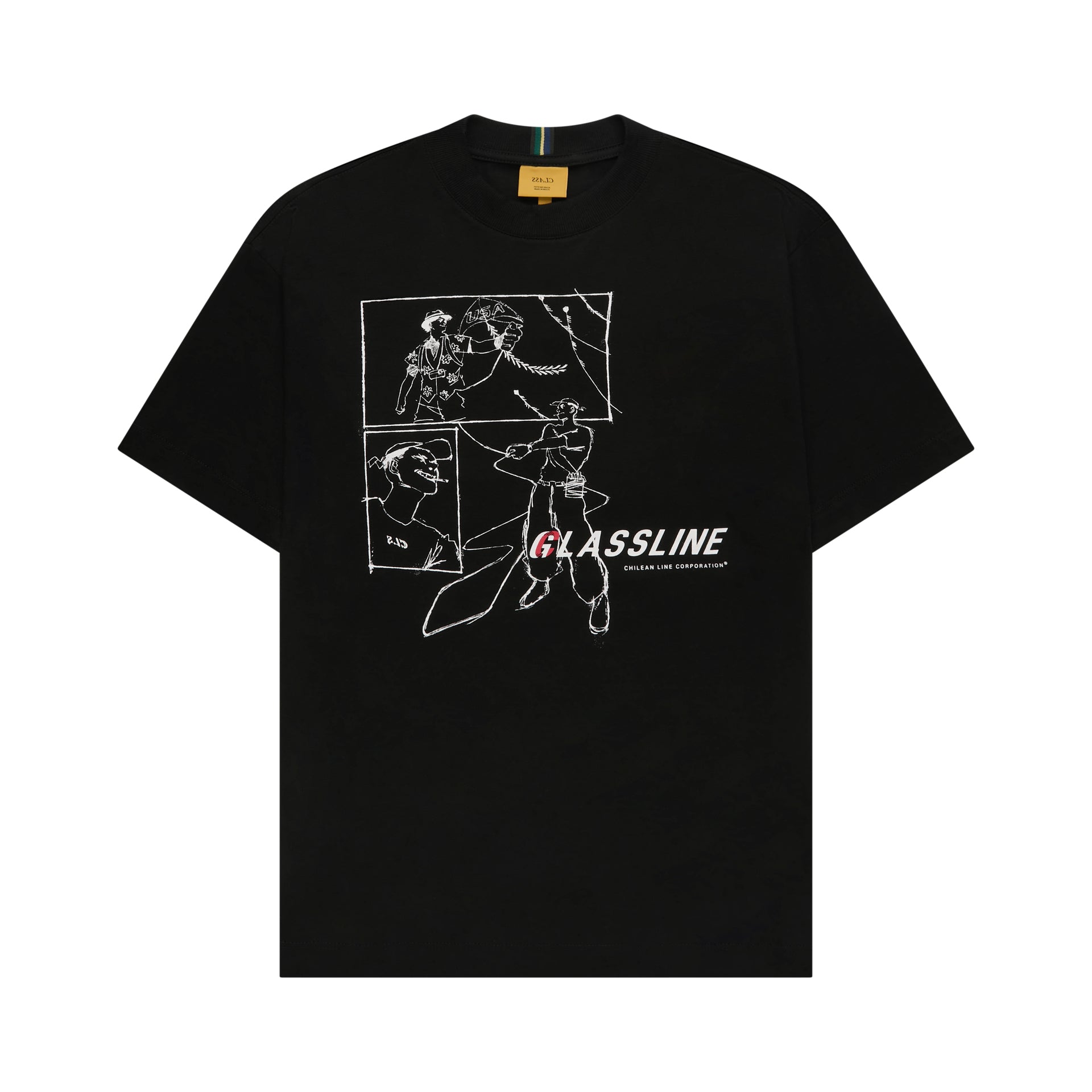 Camiseta preta com estampa na frente e lettering GLASSLINE em destaque, estilo gráfico.