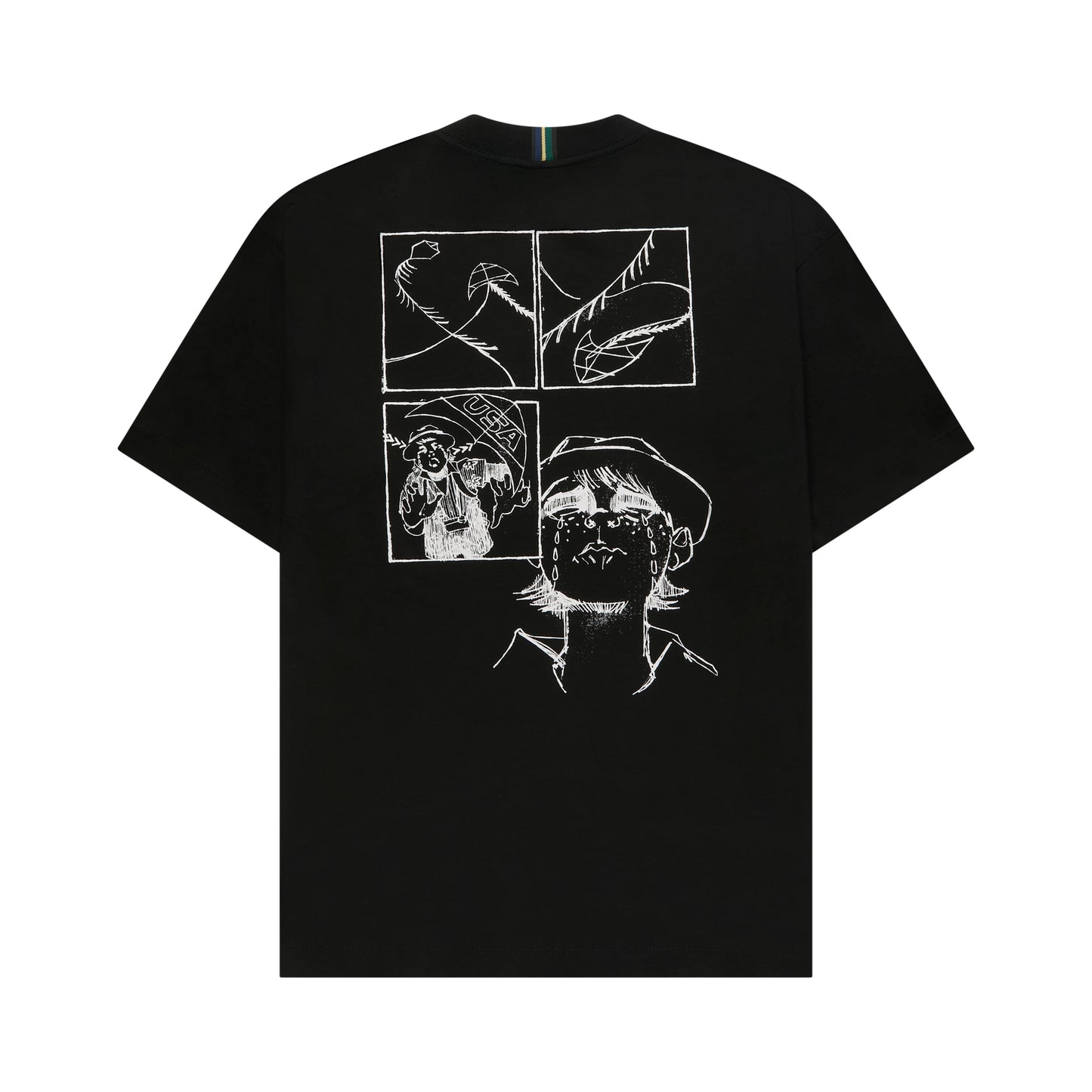 Camiseta preta com estampa grande em linhas brancas de rostos e personagens na frente.