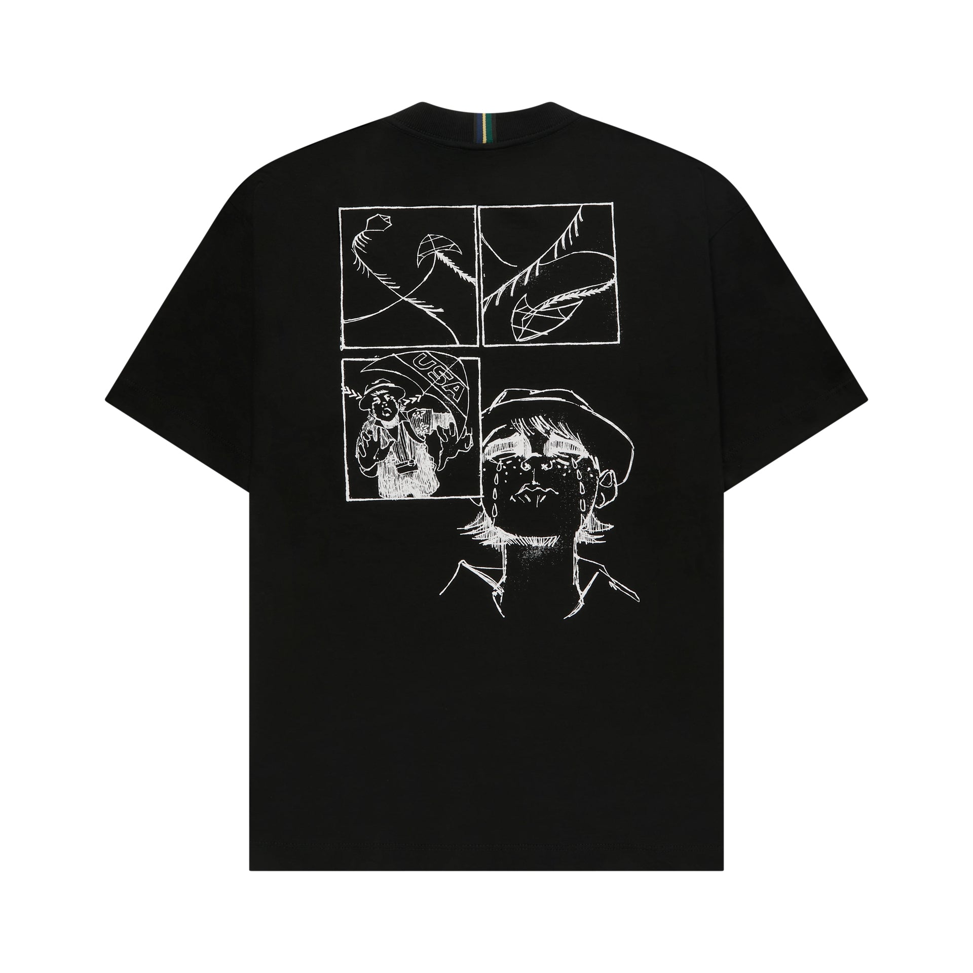 Camiseta preta com estampa grande em linhas brancas de rostos e personagens na frente.