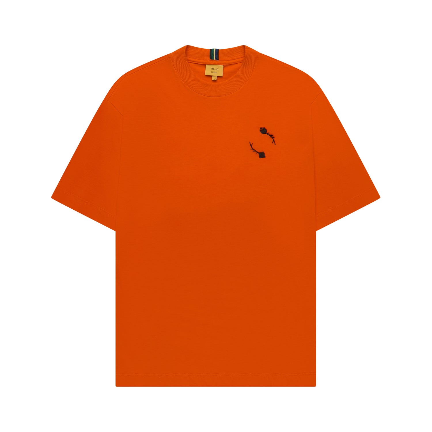 Camiseta laranja infantil com gola careca e estampa preta no peito