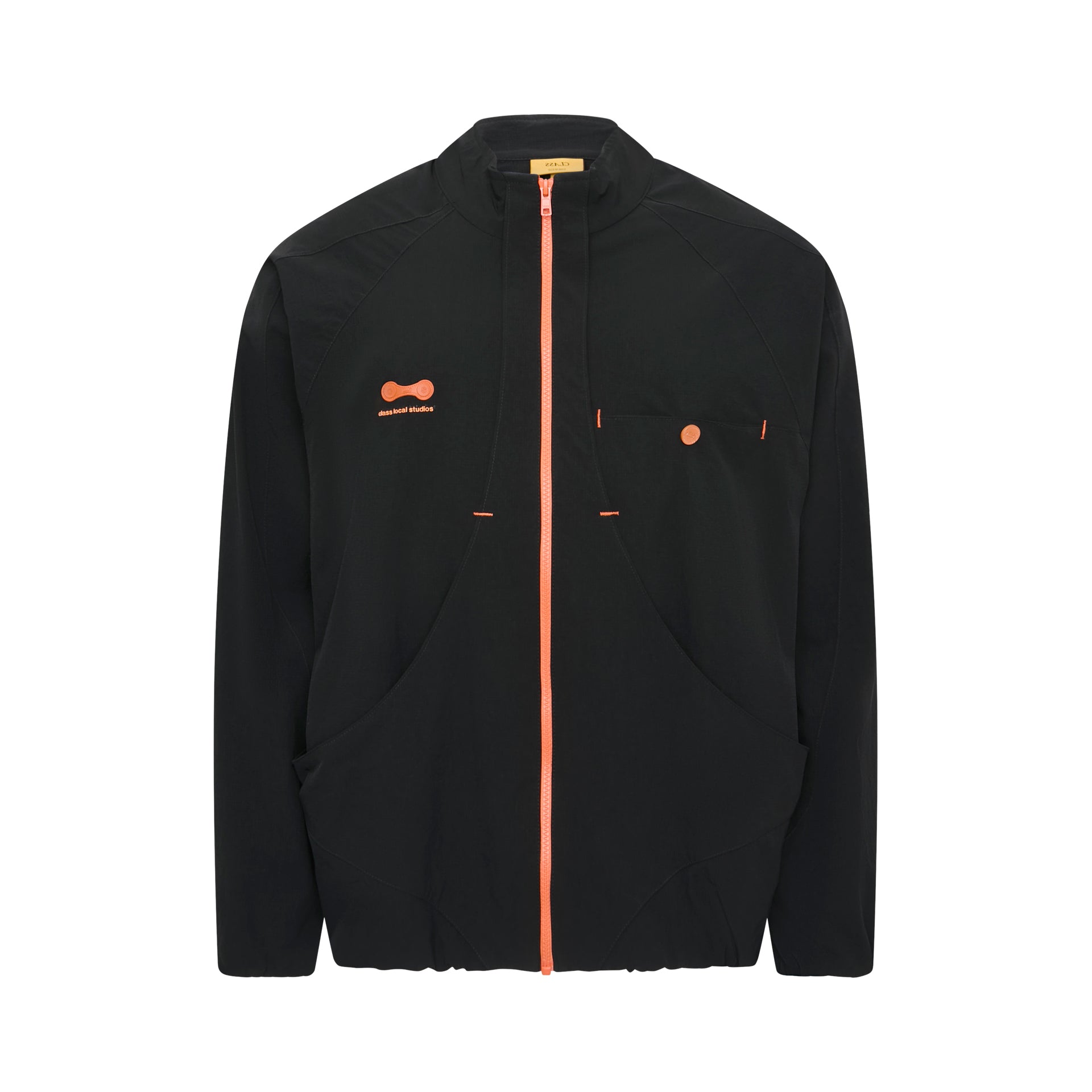 Jaqueta esportiva preta com zíper laranja e logo bordado, com bolso frontal