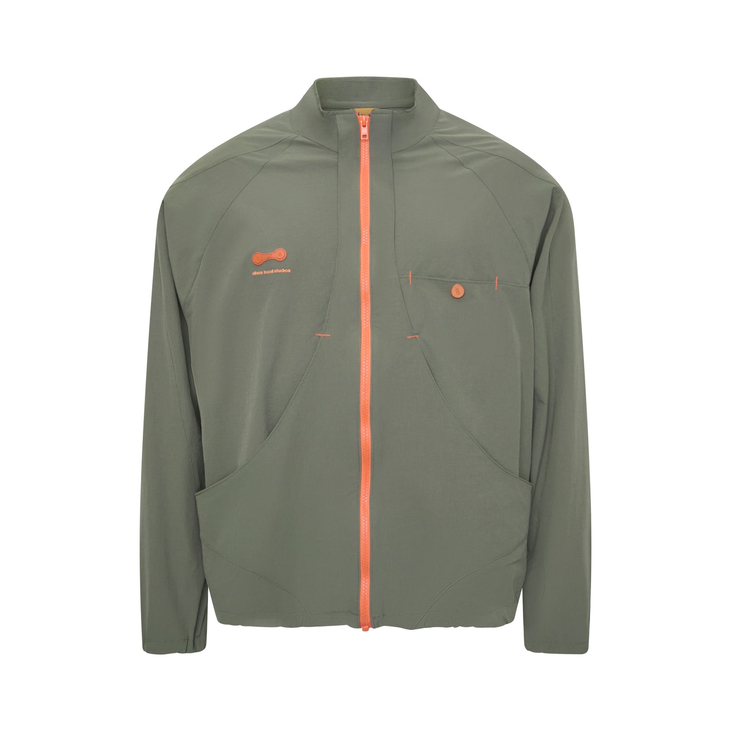 Jaqueta esportiva verde-oliva com zíper frontal laranja e bolso frontal grande