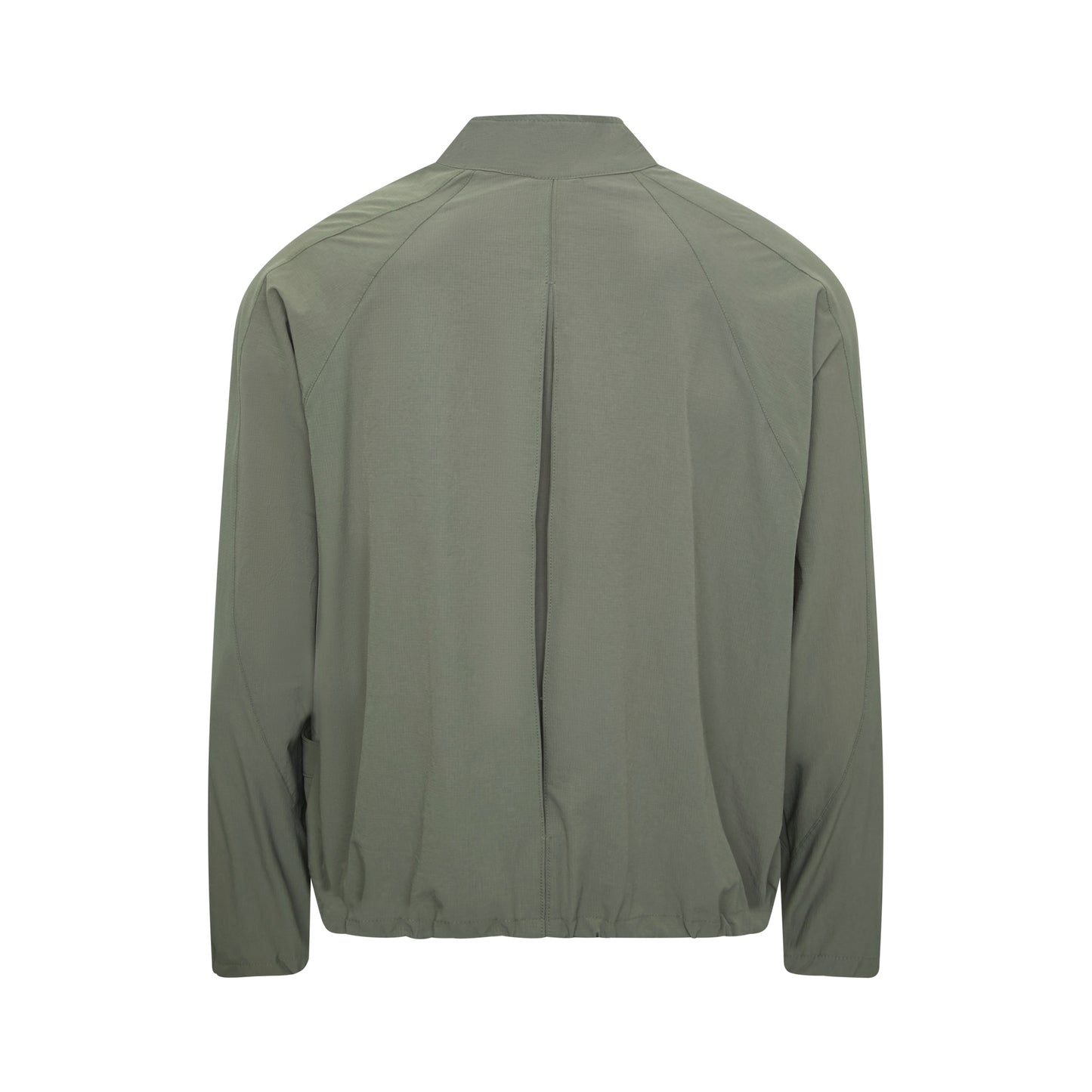 Jaqueta esportiva verde-oliva com vista traseira e costuras verticais
