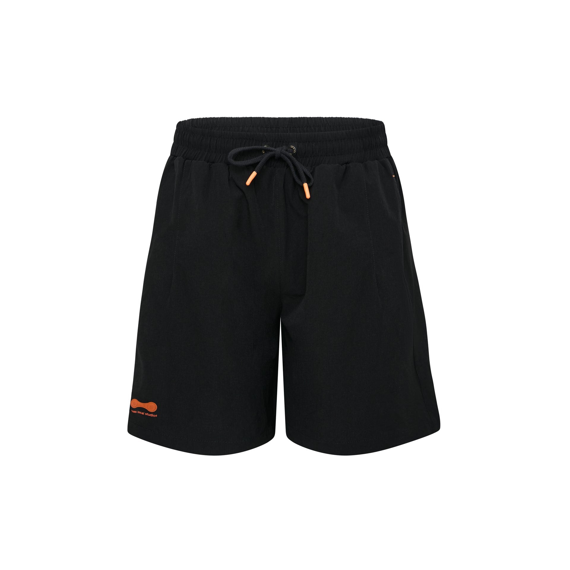 Shorts pretos com cós elástico e cordão ajustável laranja, com logotipo discreto.