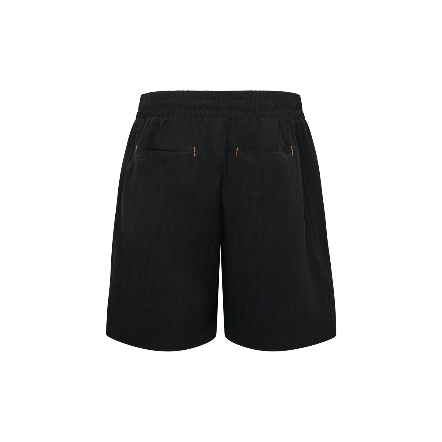 Shorts pretos com cós elástico e cordão ajustável laranja, sem detalhes visíveis.