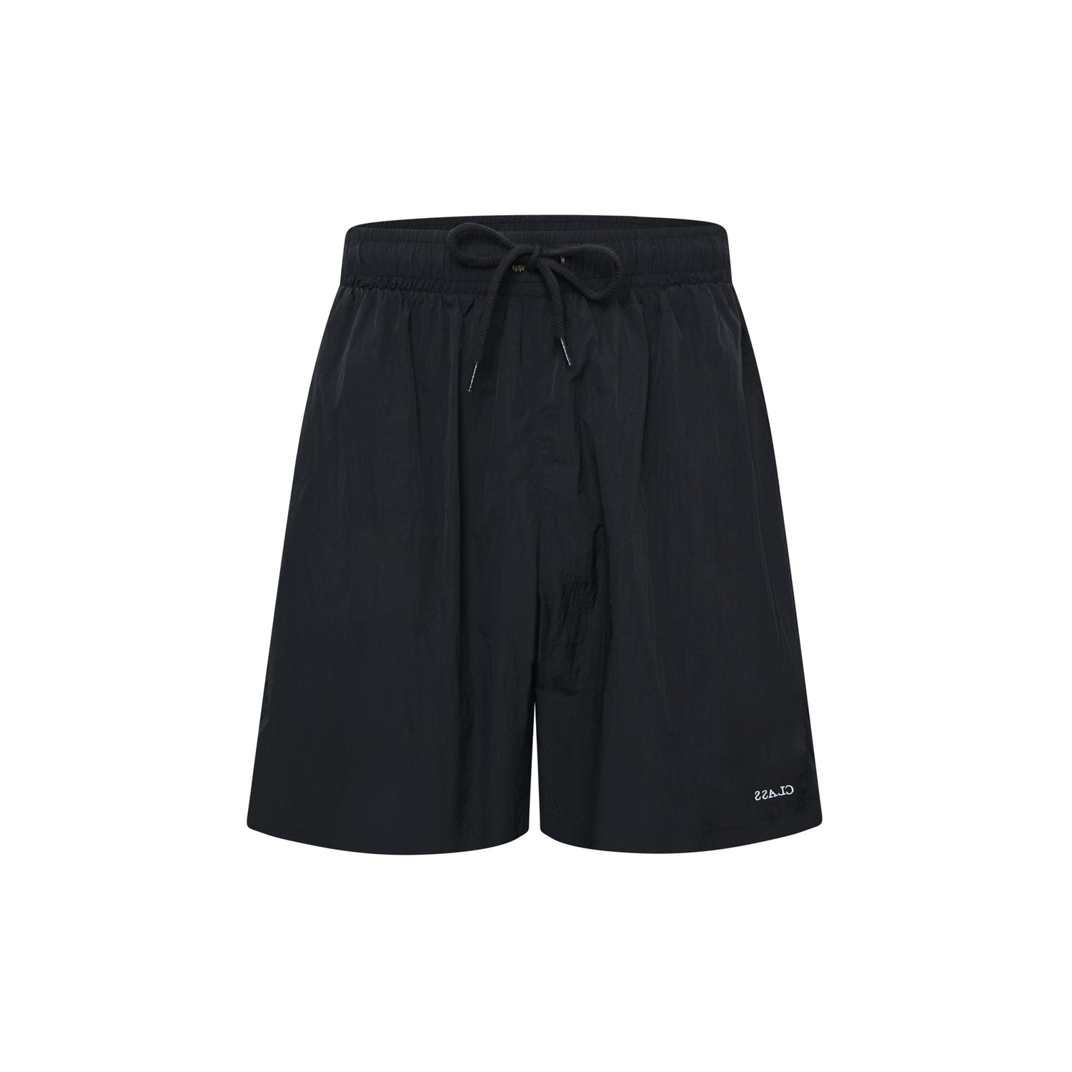 Shorts pretos com cós elástico e cordão na frente, etiqueta lateral