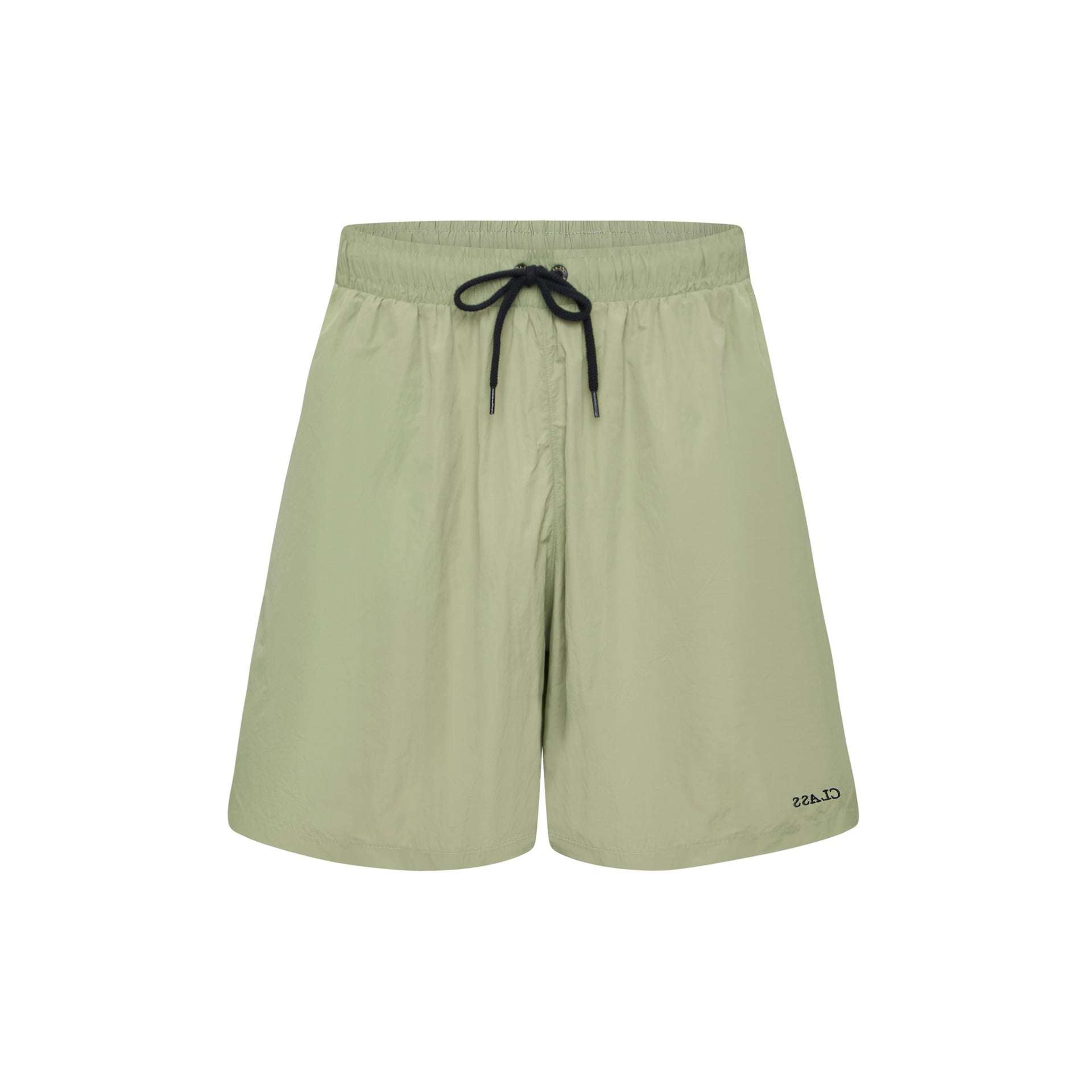Shorts verde claro com cordão preto no cós e barra reta