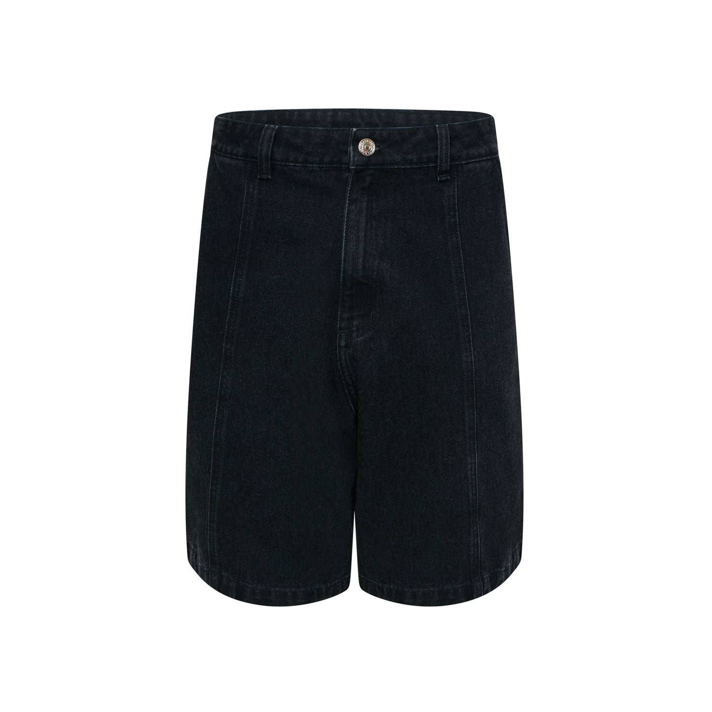 Bermuda jeans preta com botão metálico na frente e bolsos laterais