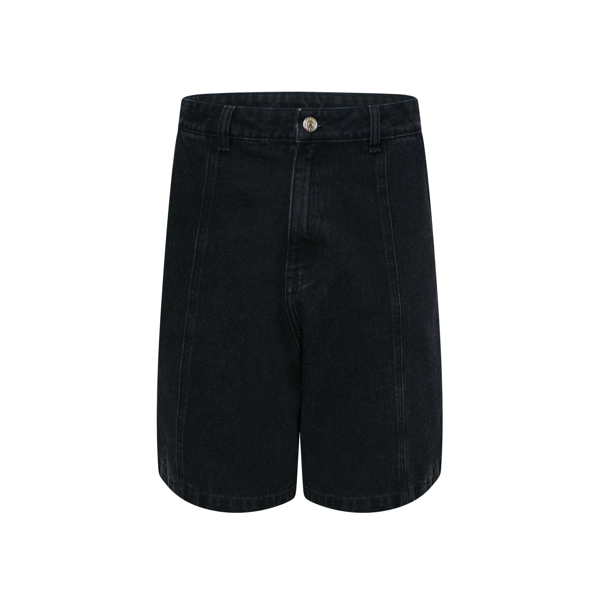 Bermuda jeans preta com botão metálico na frente e bolsos laterais