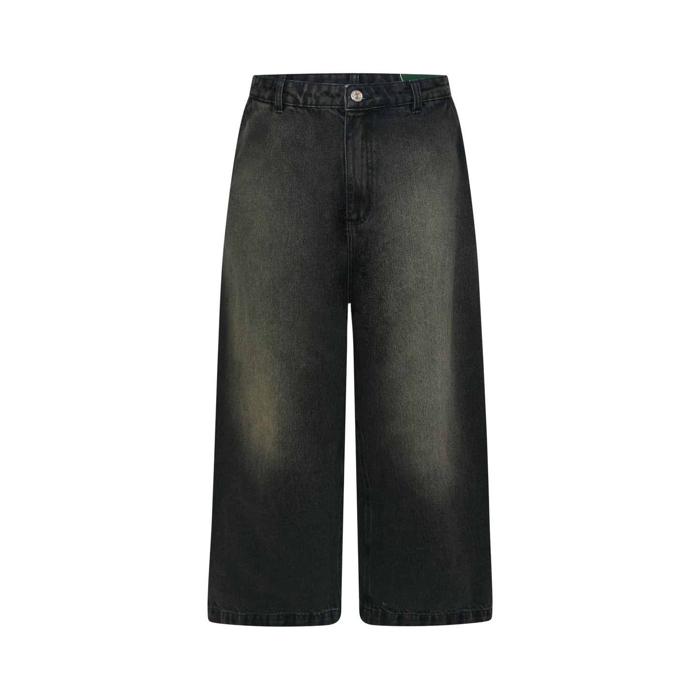 Calça jeans wide carpenter preta com cintura ajustável e bolsos frontais