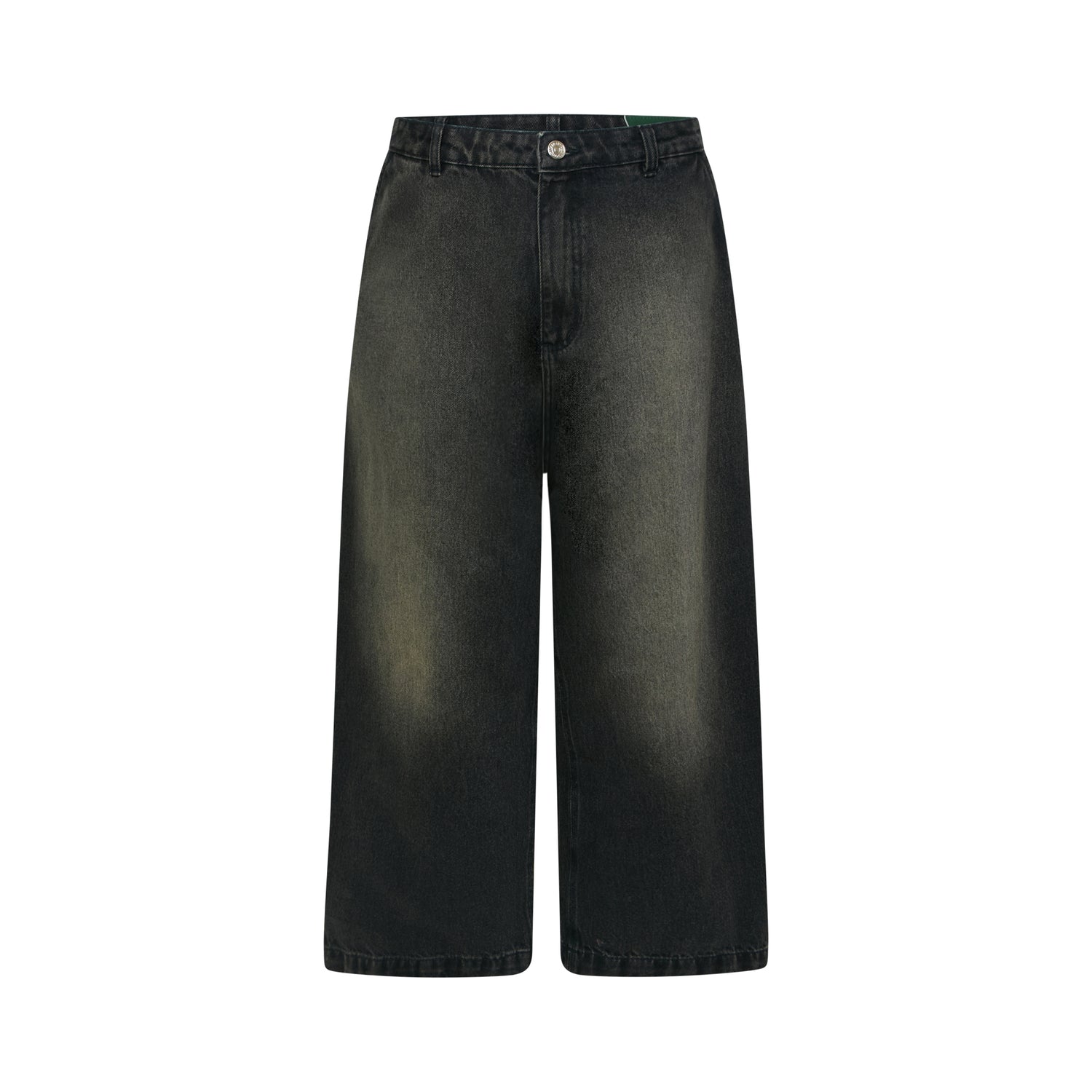 Calça jeans wide carpenter preta com cintura ajustável e bolsos frontais
