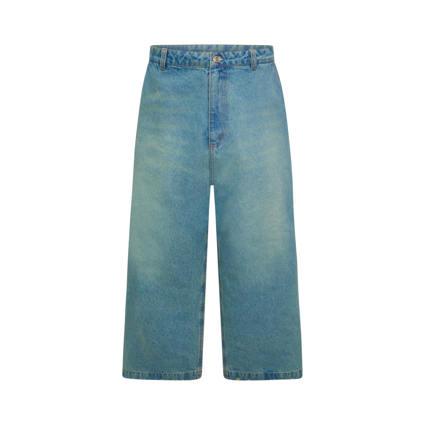 Calça jeans larga azul stonewash com cós e fechamento frontal