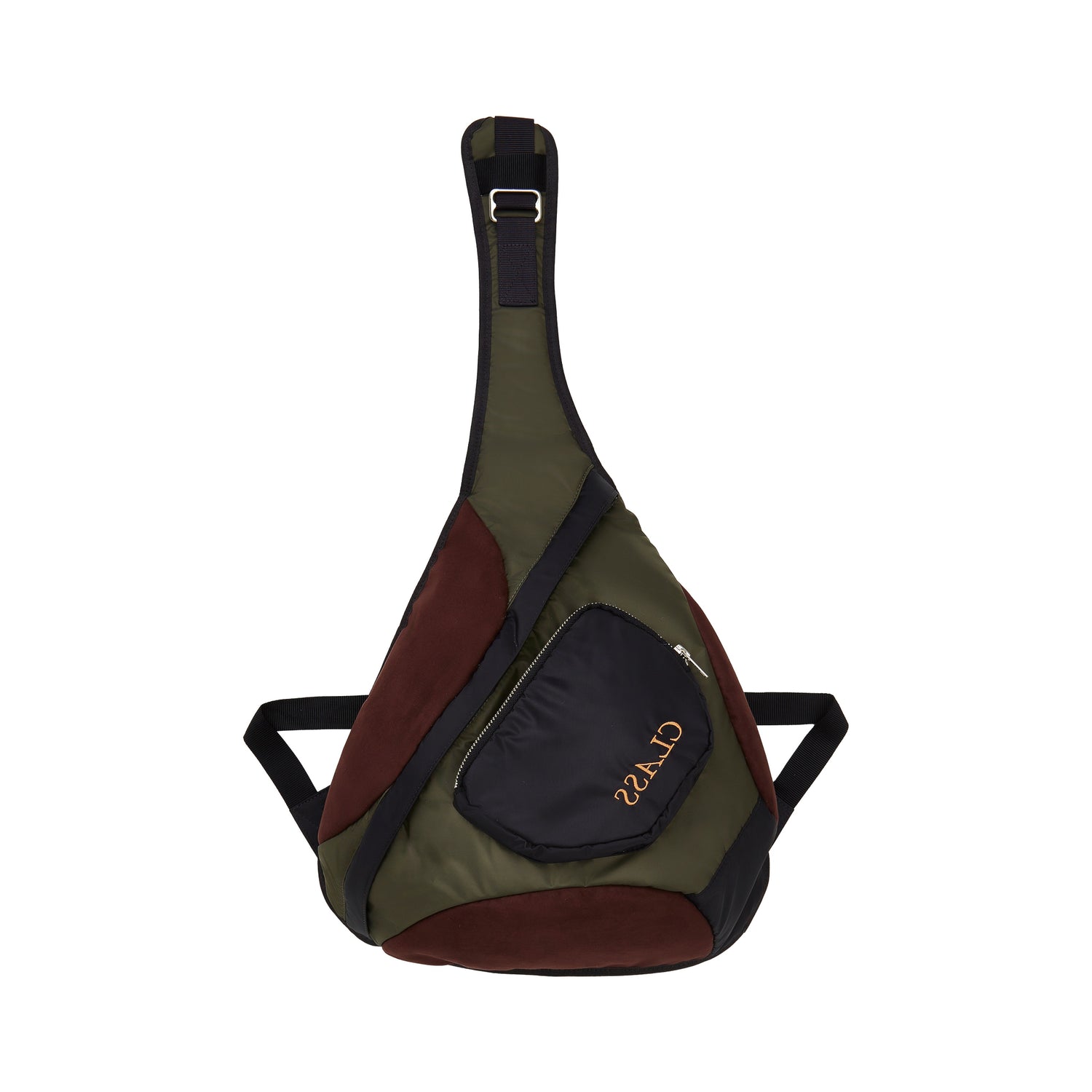 Bolsa a tiracolo triangular marrom e verde com bolso frontal e alça preta ajustável