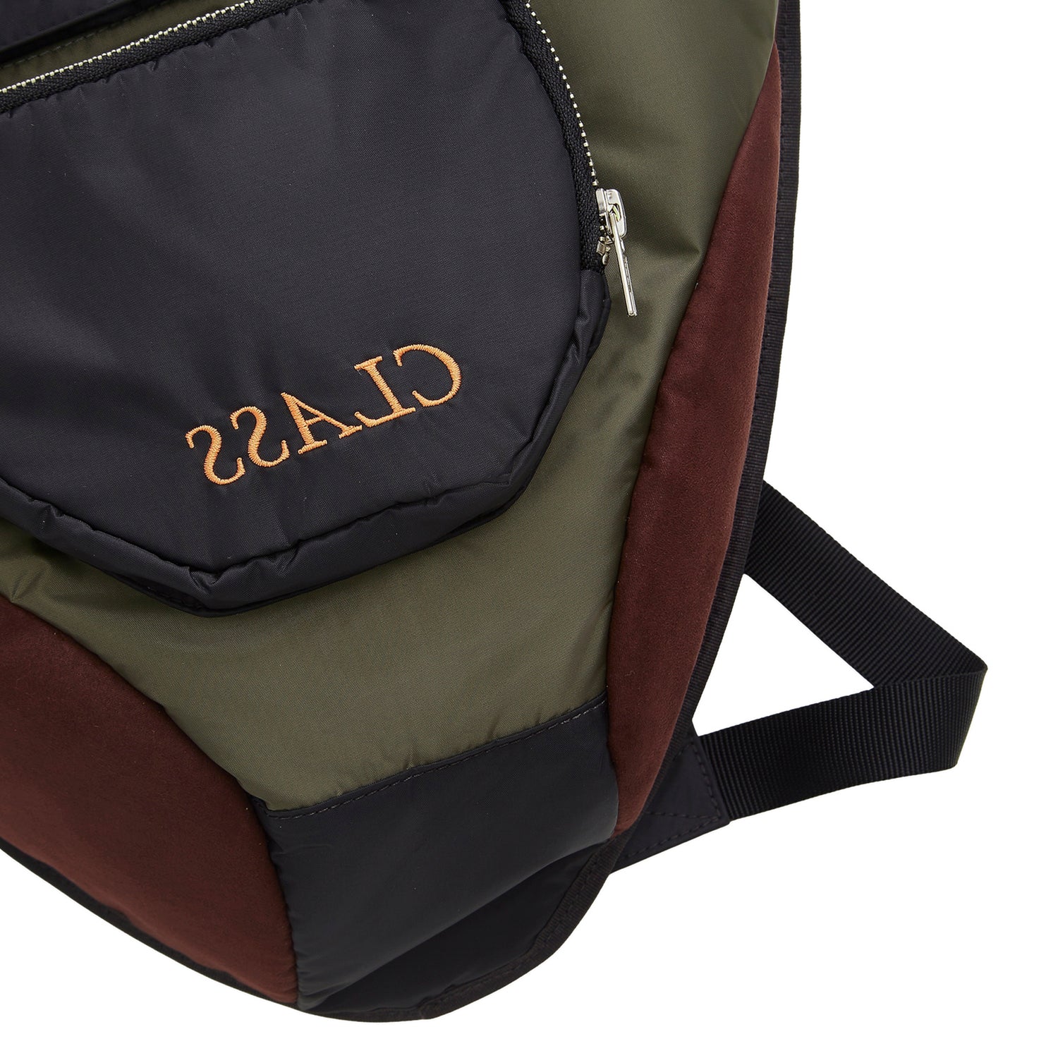 Bolsa a tiracolo marrom e verde com bolso frontal acolchoado preto com zíper