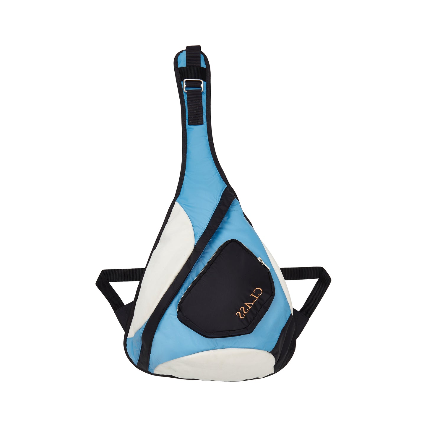 Bolsa sling triangular azul, off white e preta com alça transversal ajustável