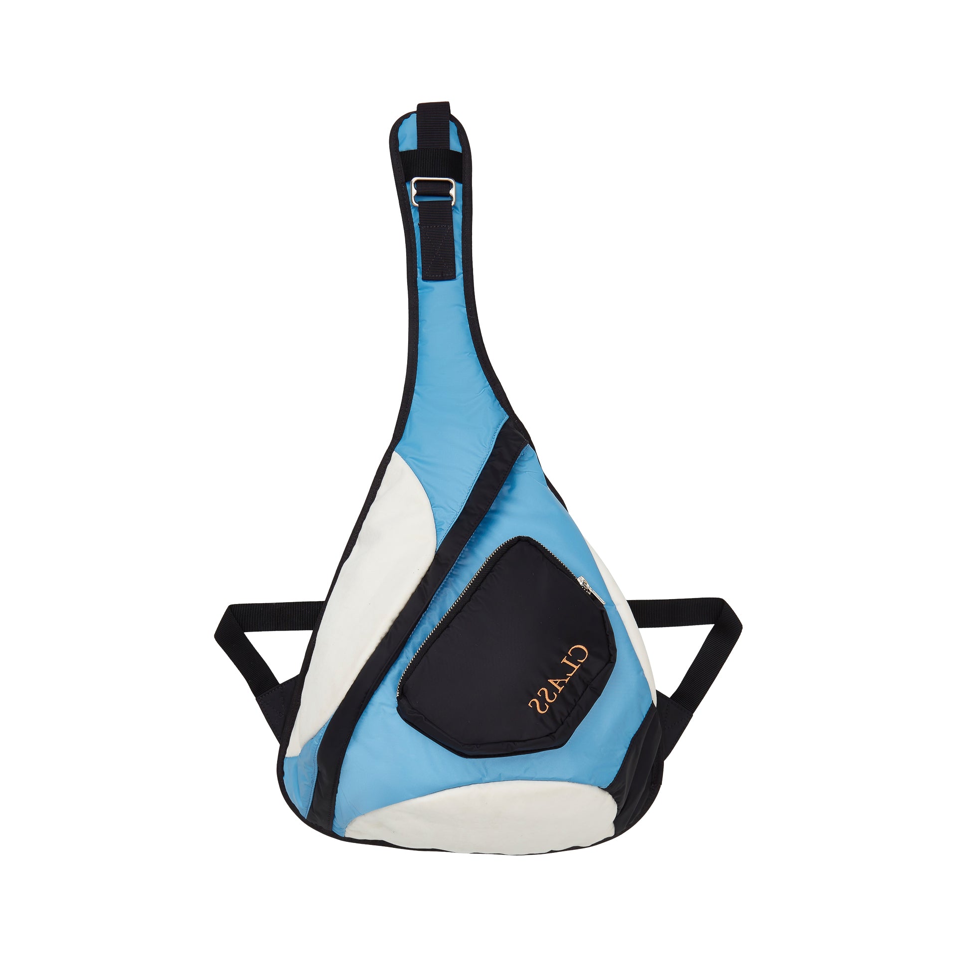 Bolsa sling triangular azul, off white e preta com alça transversal ajustável
