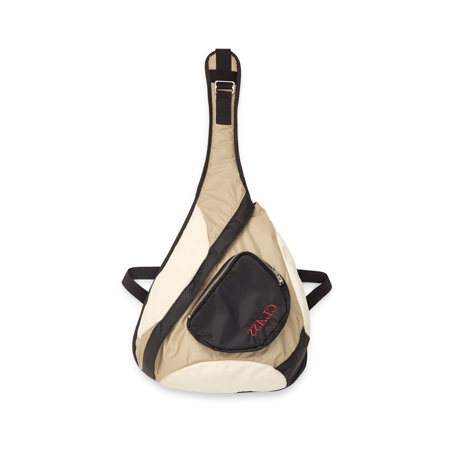 Bolsa sling DADORA off-white com painel preto triangular e bolso frontal