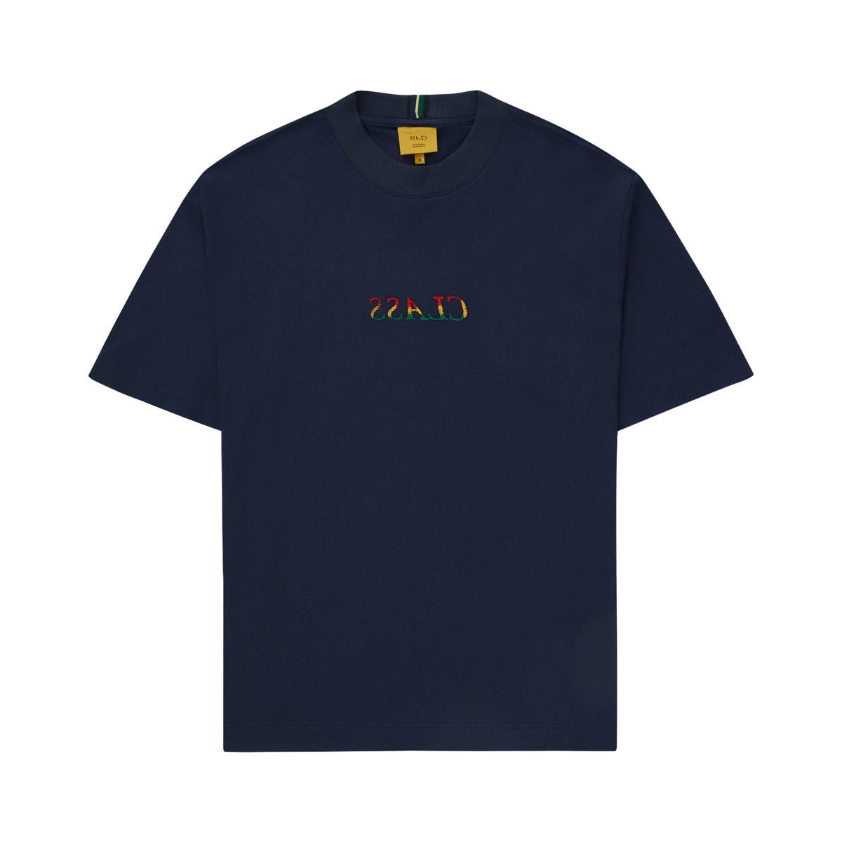 Camiseta azul-marinho lisa com estampa pequena colorida na frente