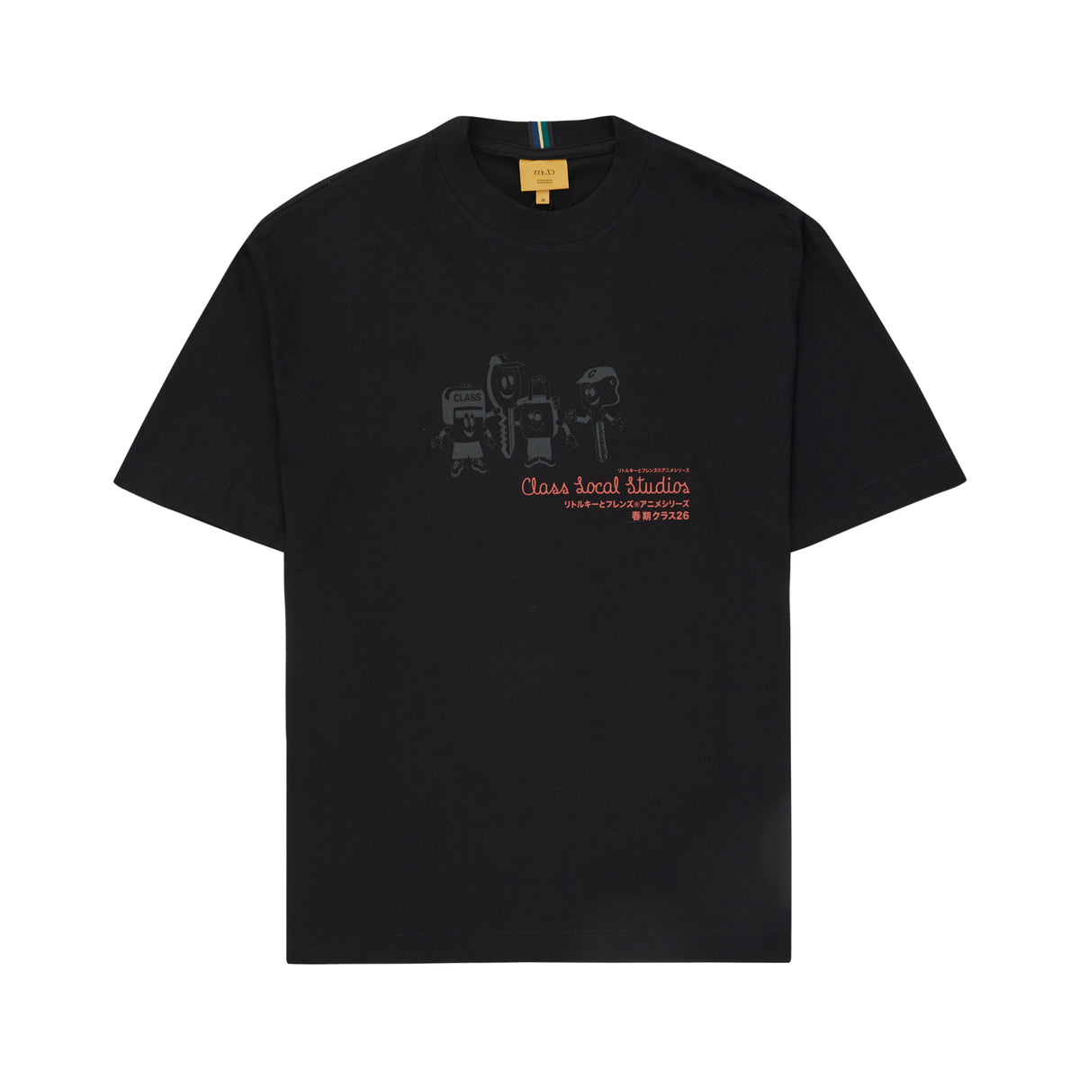 Camiseta preta lisa com estampa gráfica central no peito e gola careca