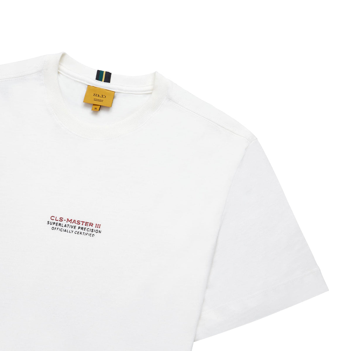 Camiseta off-white com etiqueta interna e logo pequeno no peito