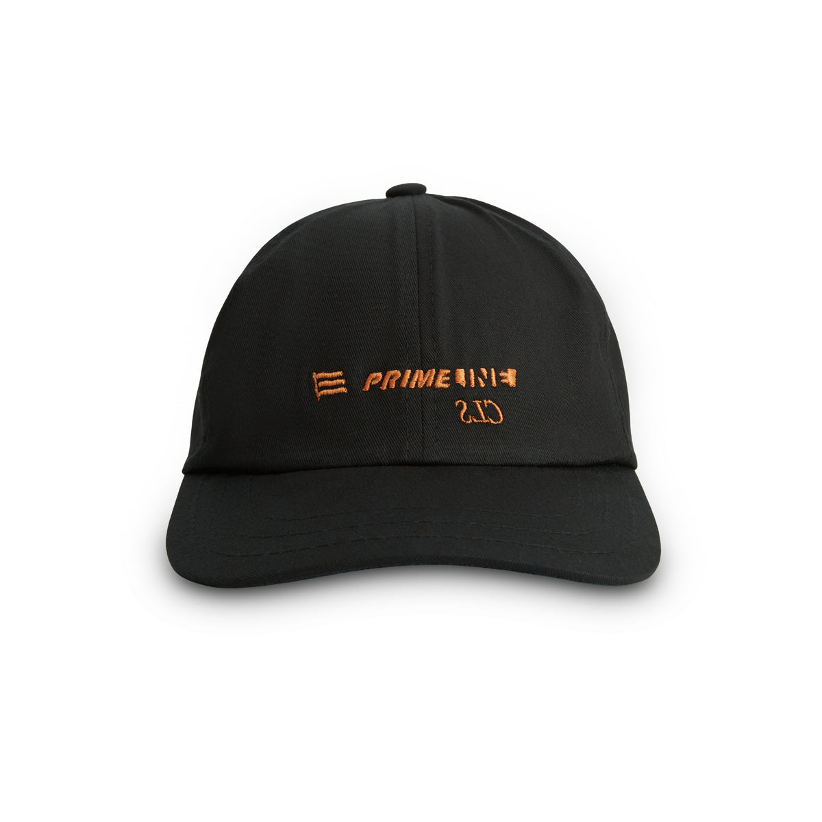 Boné esportivo preto com copa e aba curva, com logo bordado em laranja