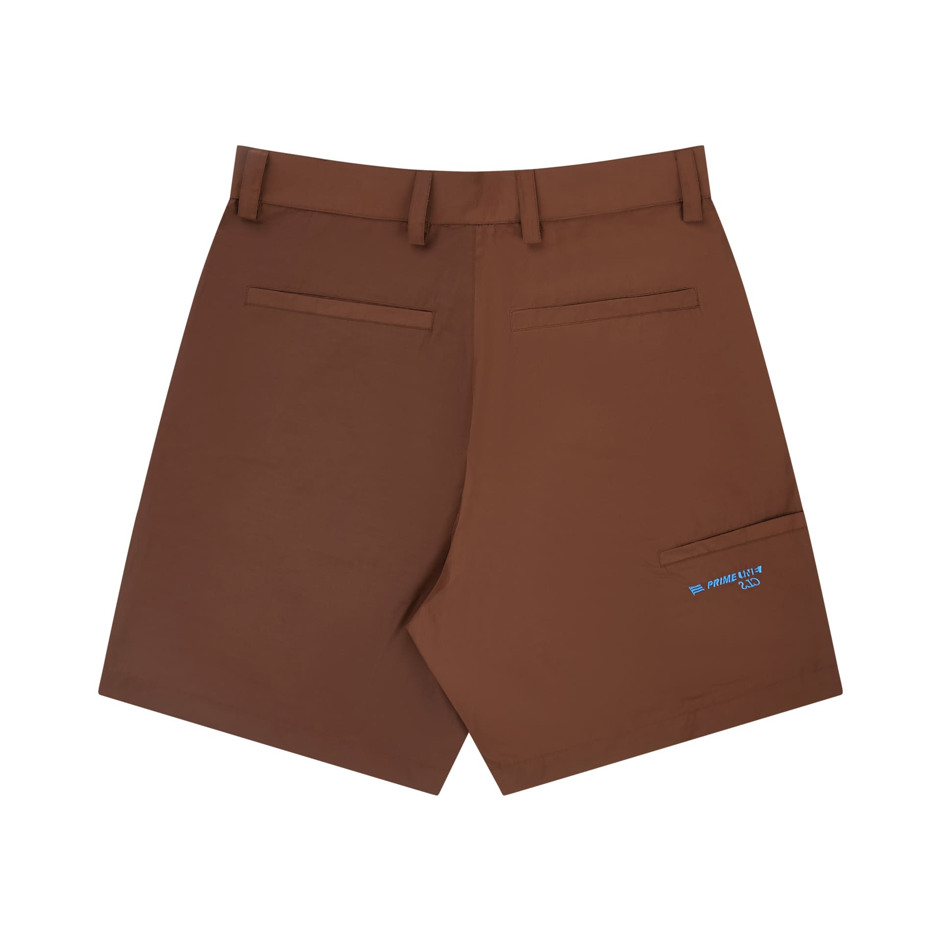 Bermuda marrom de nylon, cintura com botão e bolsos frontais