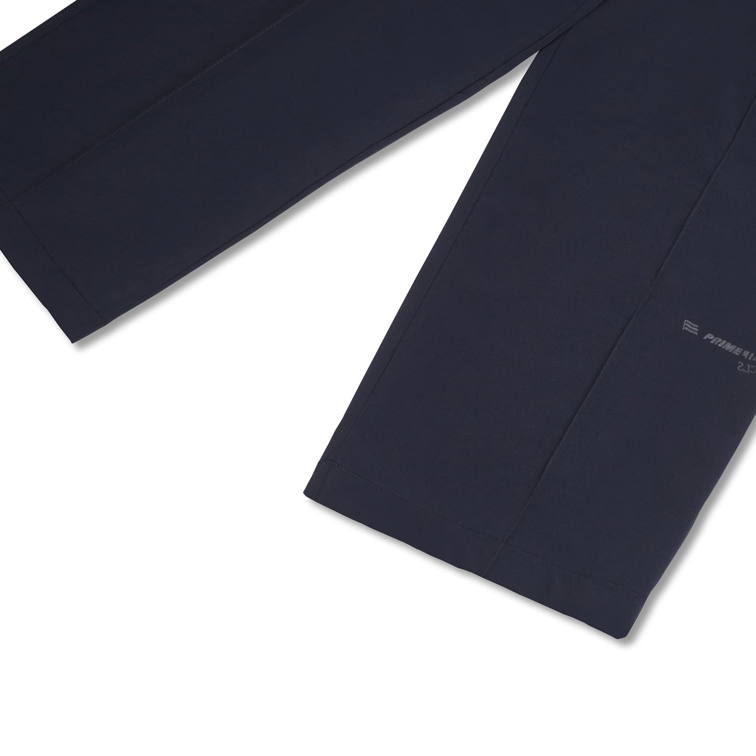 Calça social azul-marinho, caimento reto e detalhe lateral com costura