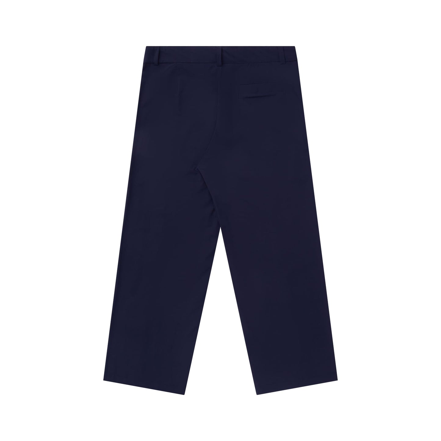 Calça social azul-marinho com cós e passantes, modelagem reta