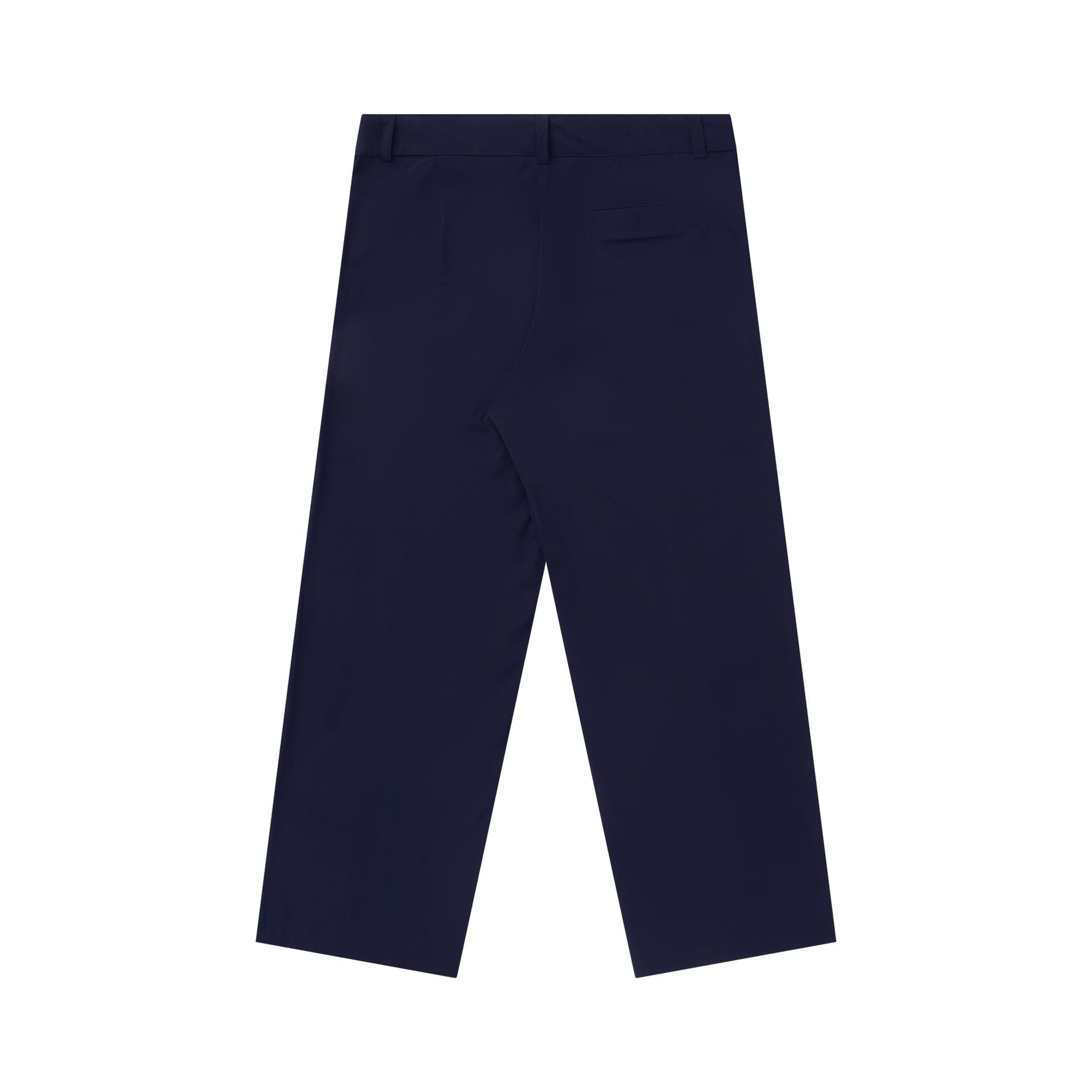 Calça social azul-marinho com cós e passantes, modelagem reta