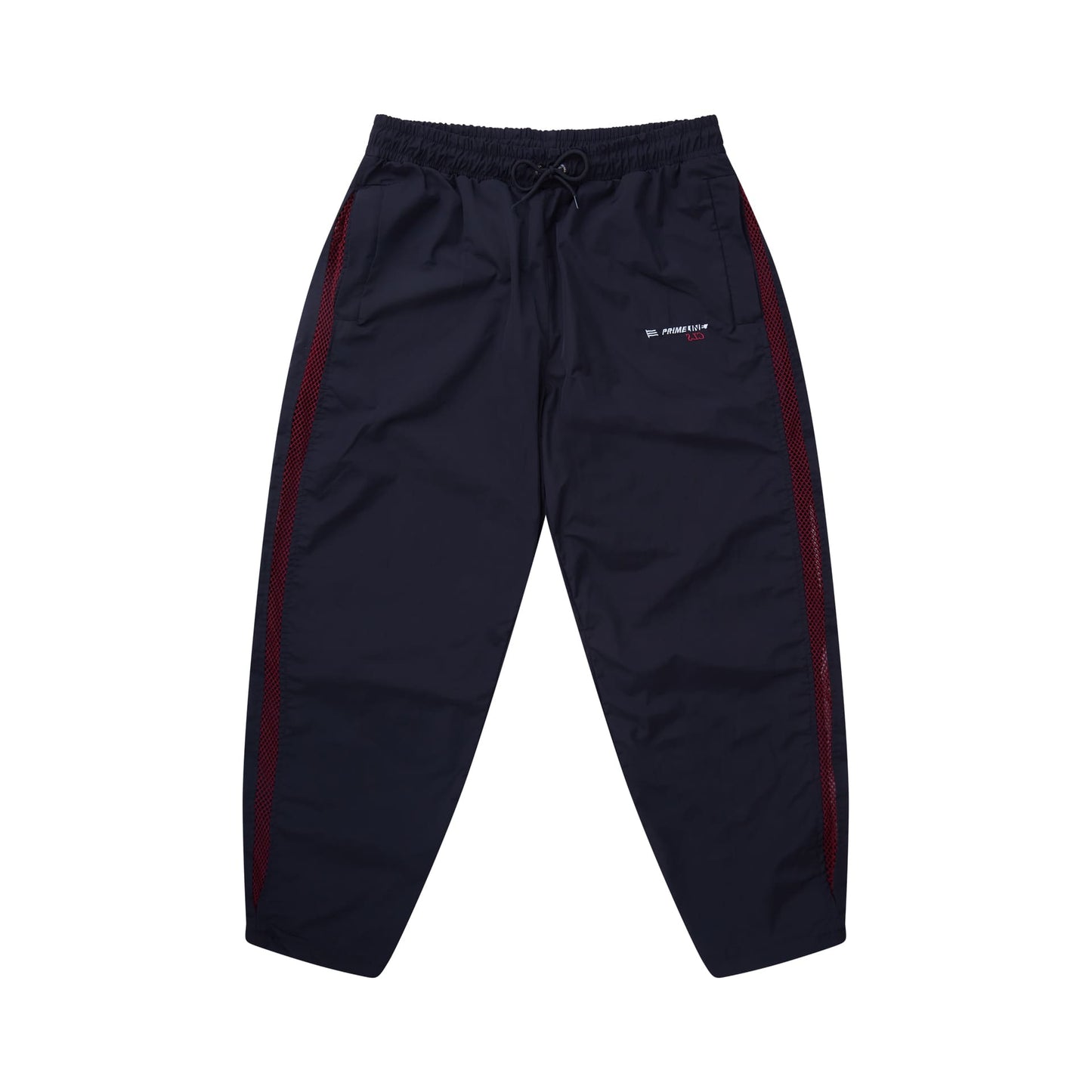 Calça esportiva Primeline preta com cós elástico e cadarço, faixa lateral vinho