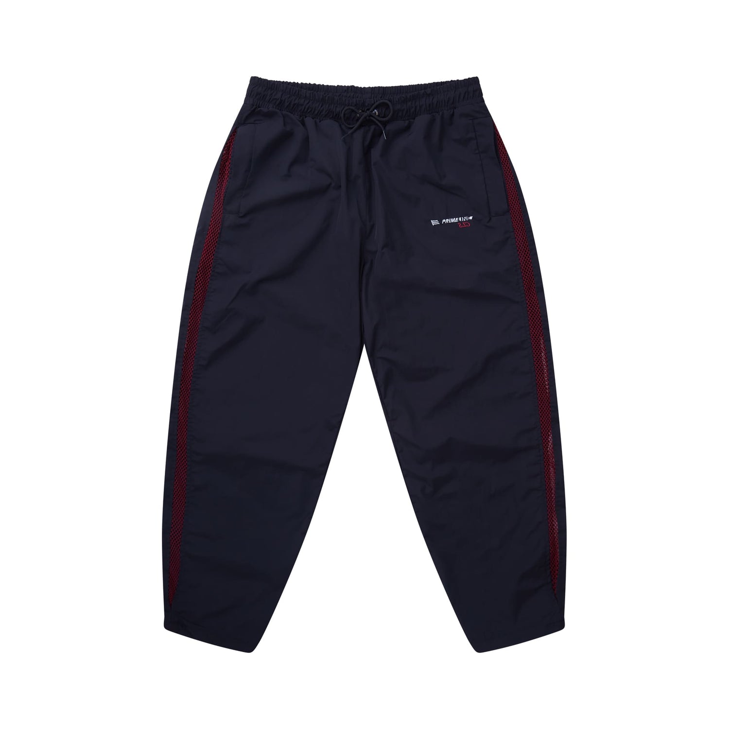 Calça esportiva Primeline preta com cós elástico e cadarço, faixa lateral vinho