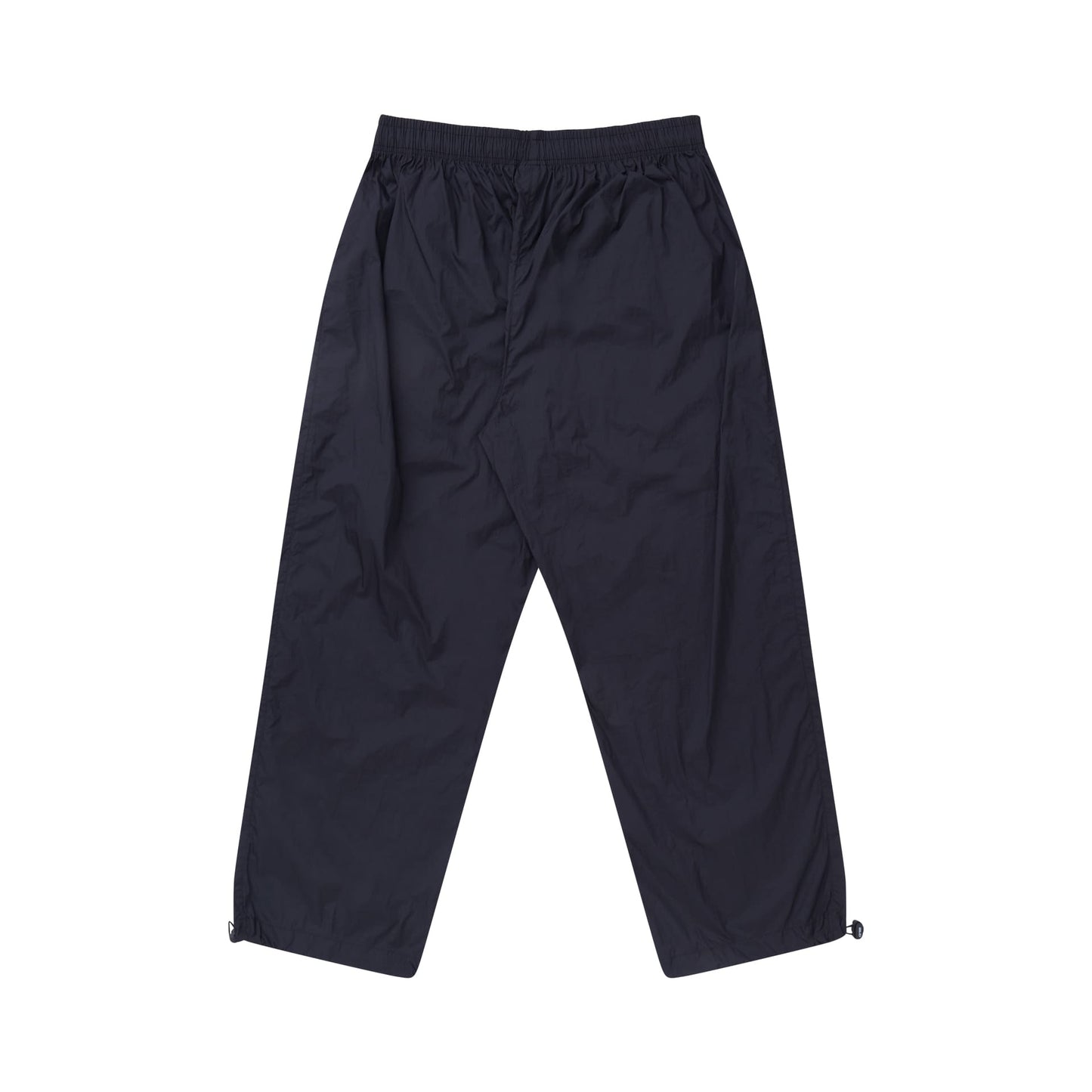 Calça PIPA escura de perna ampla, cós elástico e cordão ajustável.