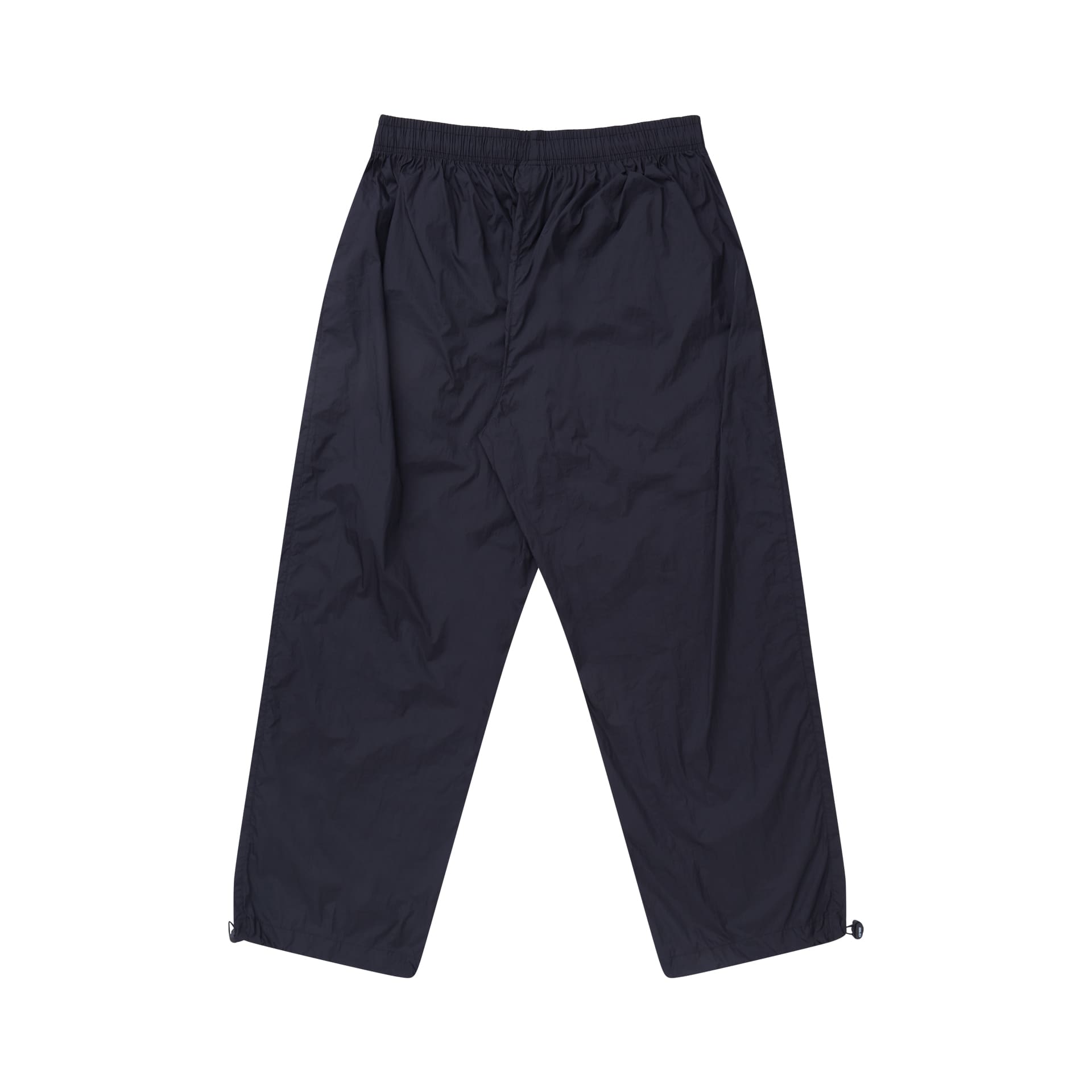 Calça PIPA escura de perna ampla, cós elástico e cordão ajustável.