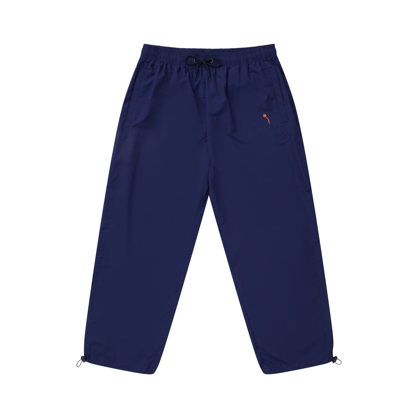 Calça azul-marinho com cós elástico e cordão, barra ajustável e bolsos laterais