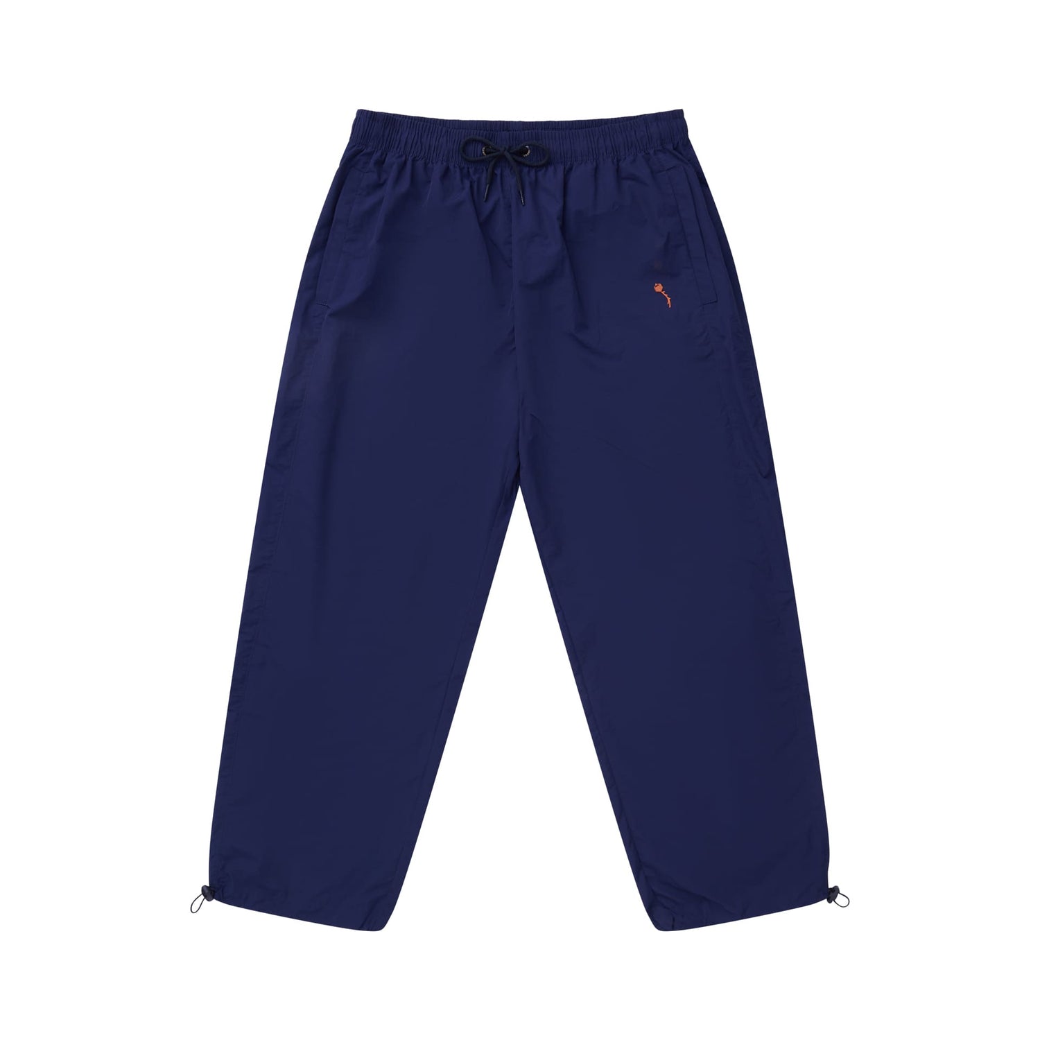 Calça azul-marinho com cós elástico e cordão, barra ajustável e bolsos laterais