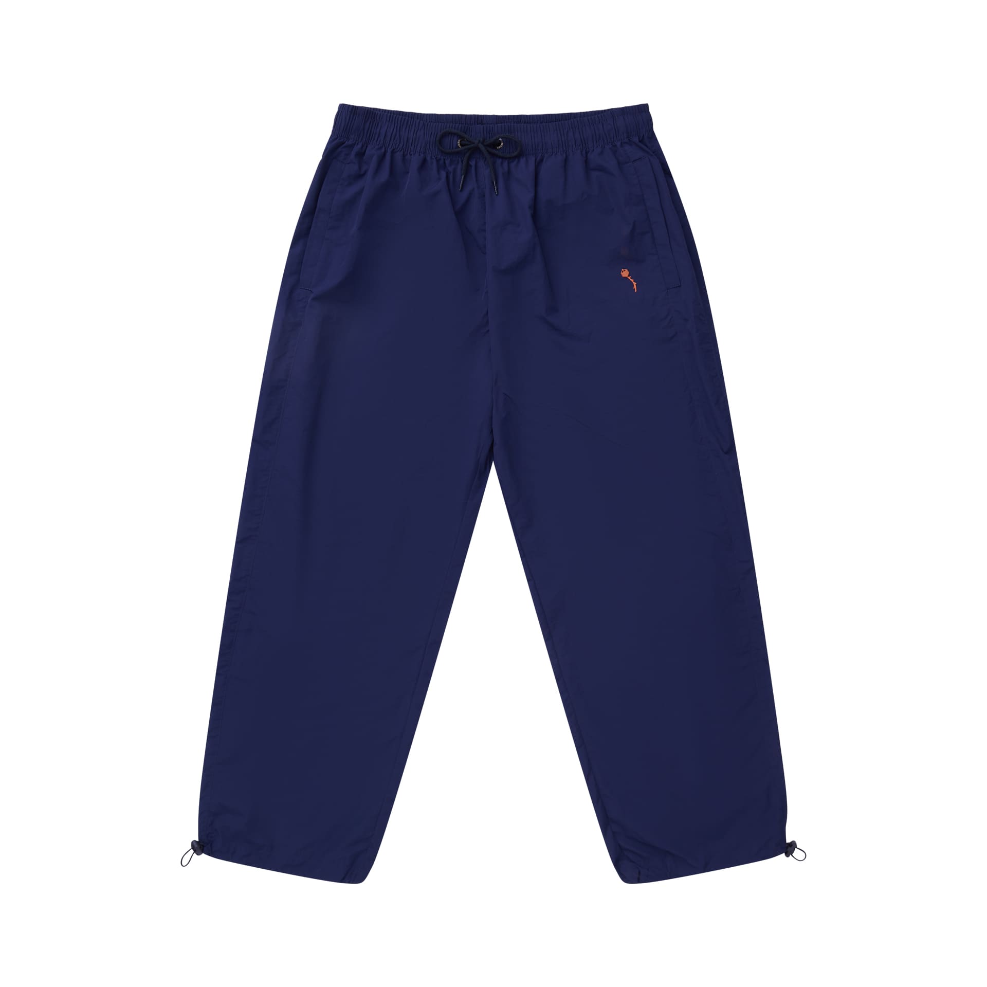 Calça azul-marinho com cós elástico e cordão, barra ajustável e bolsos laterais