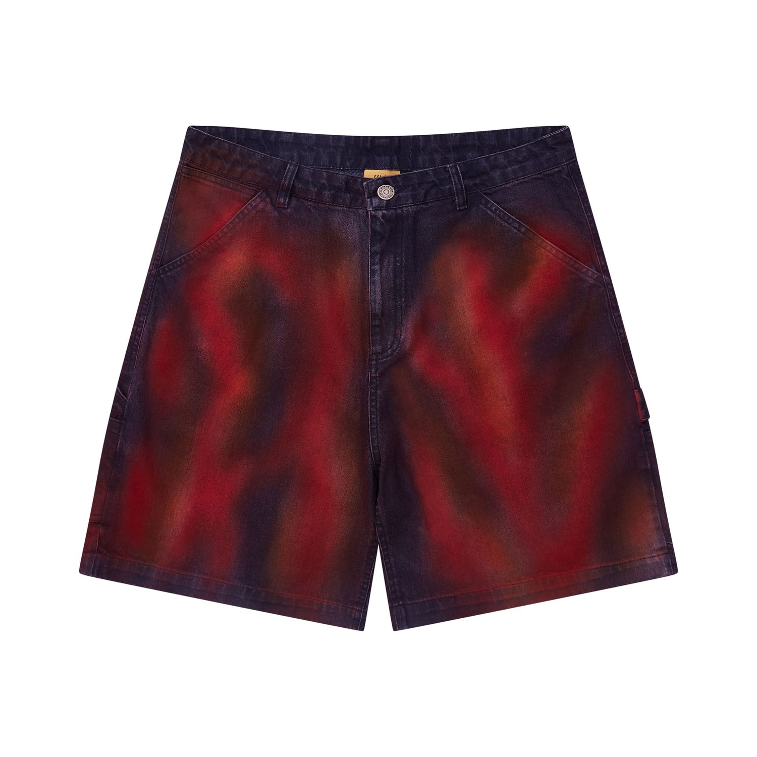 Shorts jeans carpenter escuro com estampa vermelha, cós com passantes e bolsos frontais