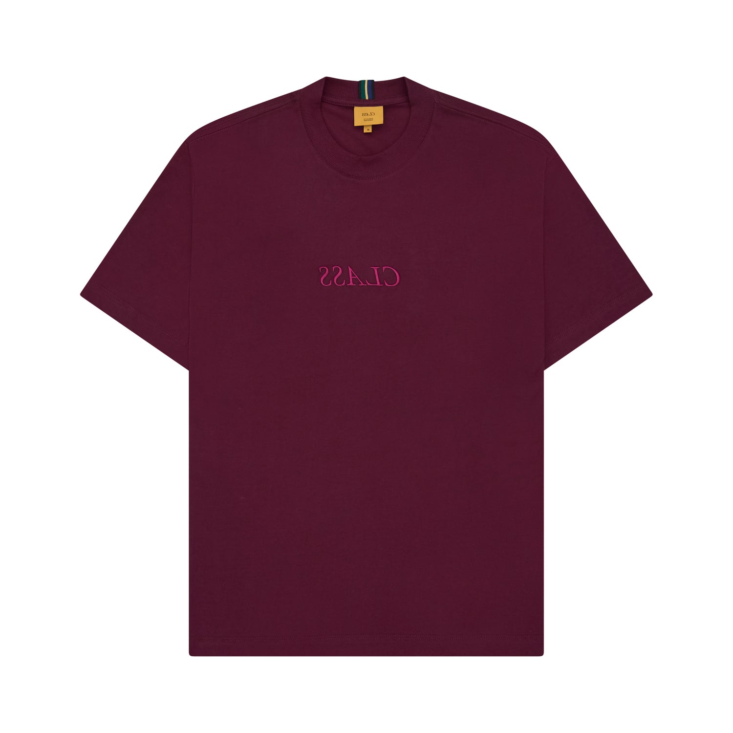 Camiseta burgundy de manga curta com gola redonda e logo pequeno na frente.