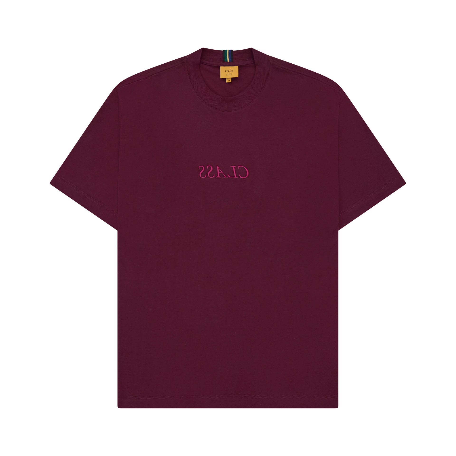 Camiseta burgundy de manga curta com gola redonda e logo pequeno na frente.