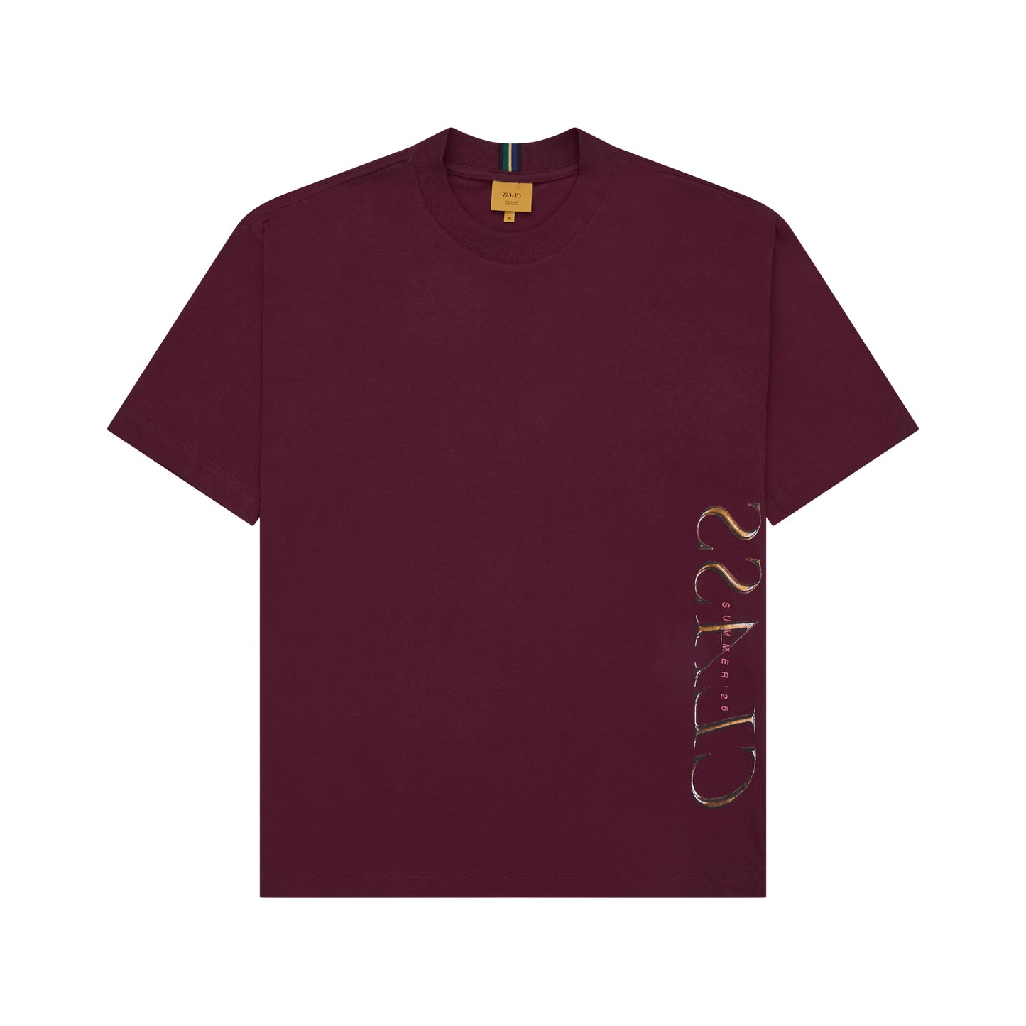 Camiseta burgundy com estampa dourada vertical na lateral