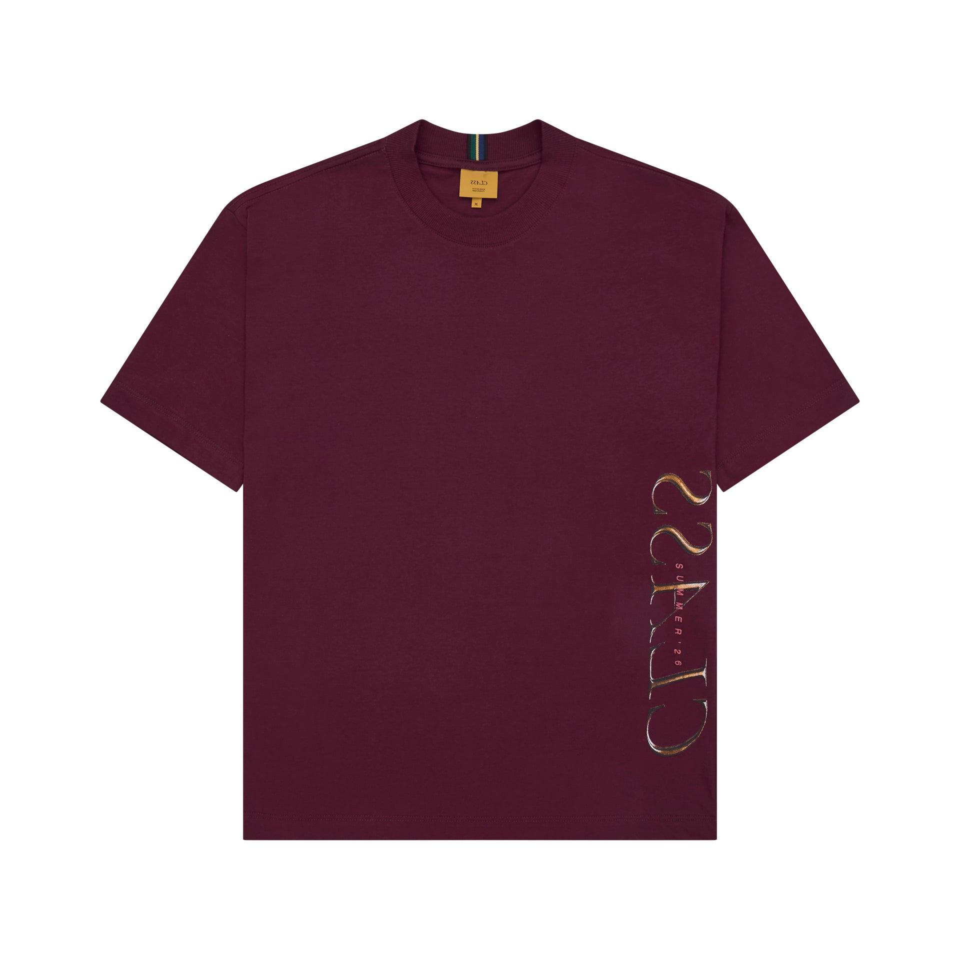 Camiseta burgundy com estampa dourada vertical na lateral