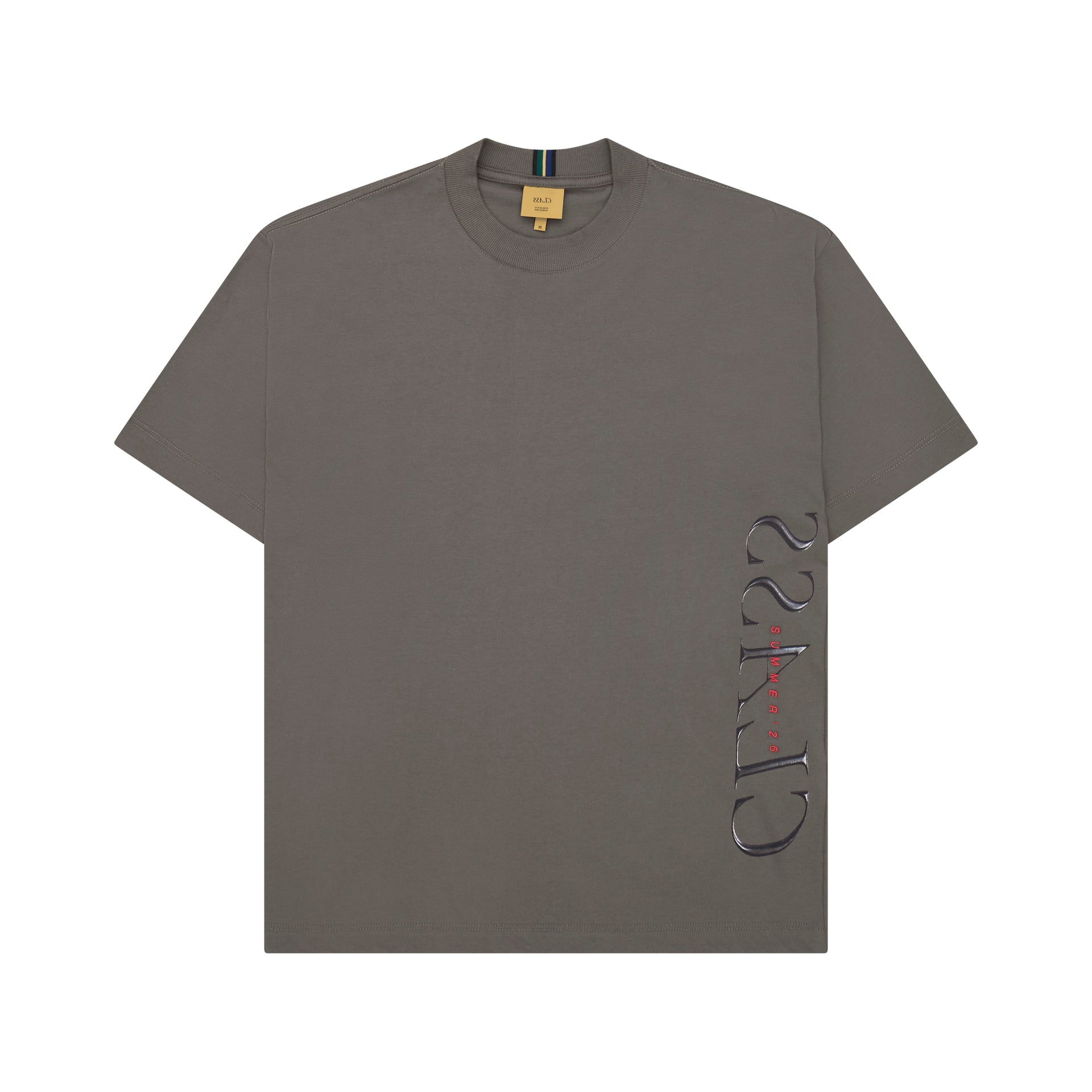 Camiseta cinza escura com estampa vertical prateada e gola careca