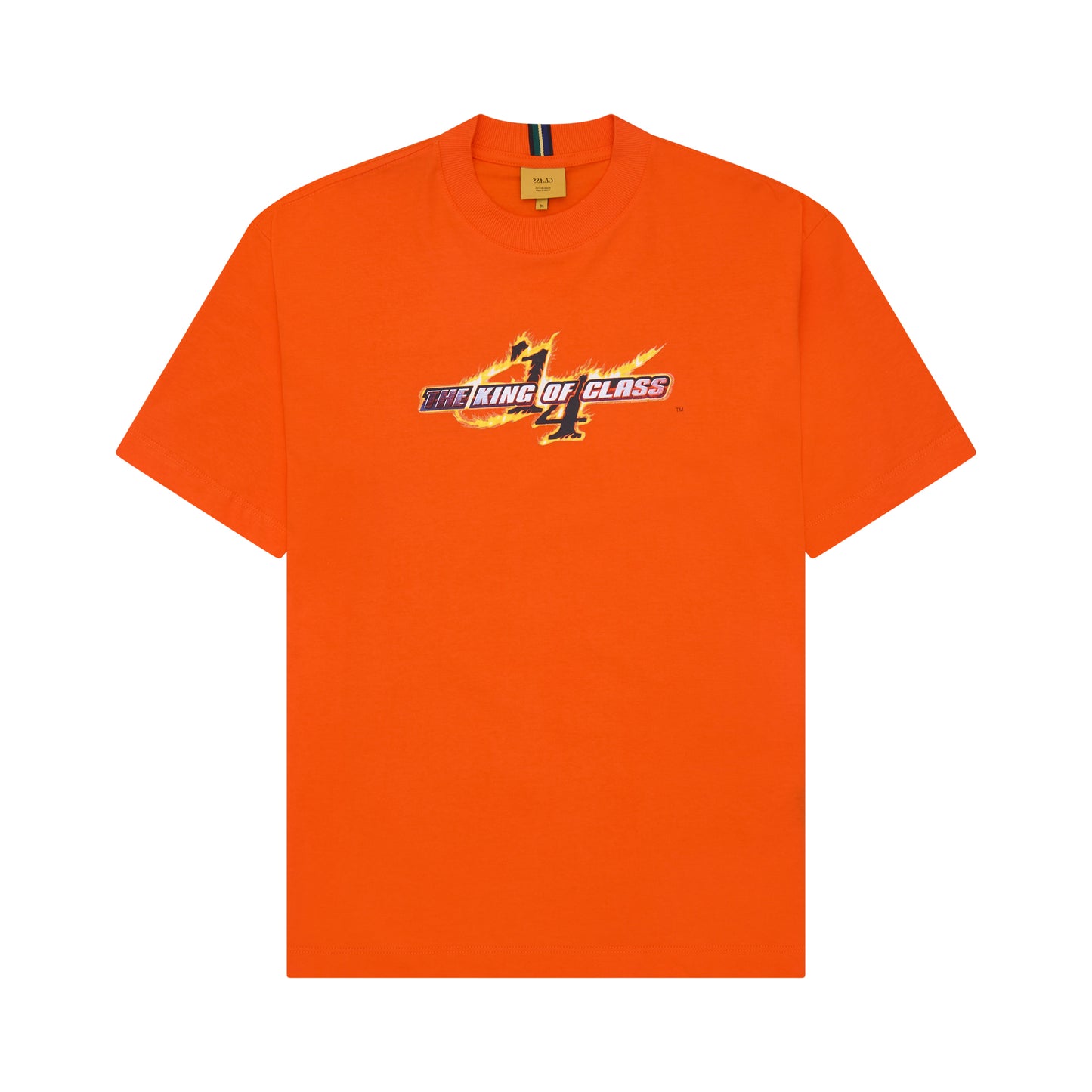 Camiseta laranja com gola careca e estampa “The King of Class” no peito