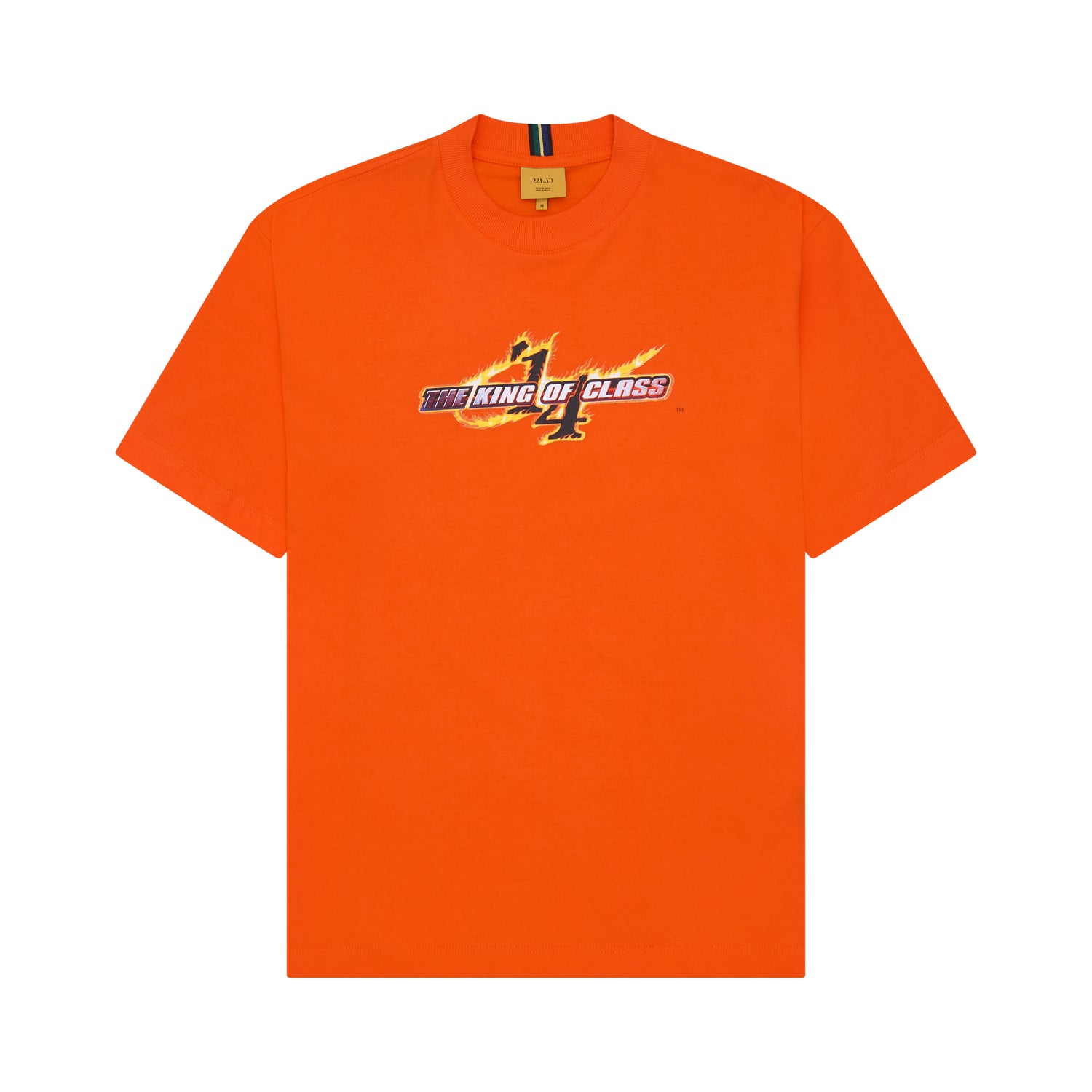 Camiseta laranja com gola careca e estampa “The King of Class” no peito