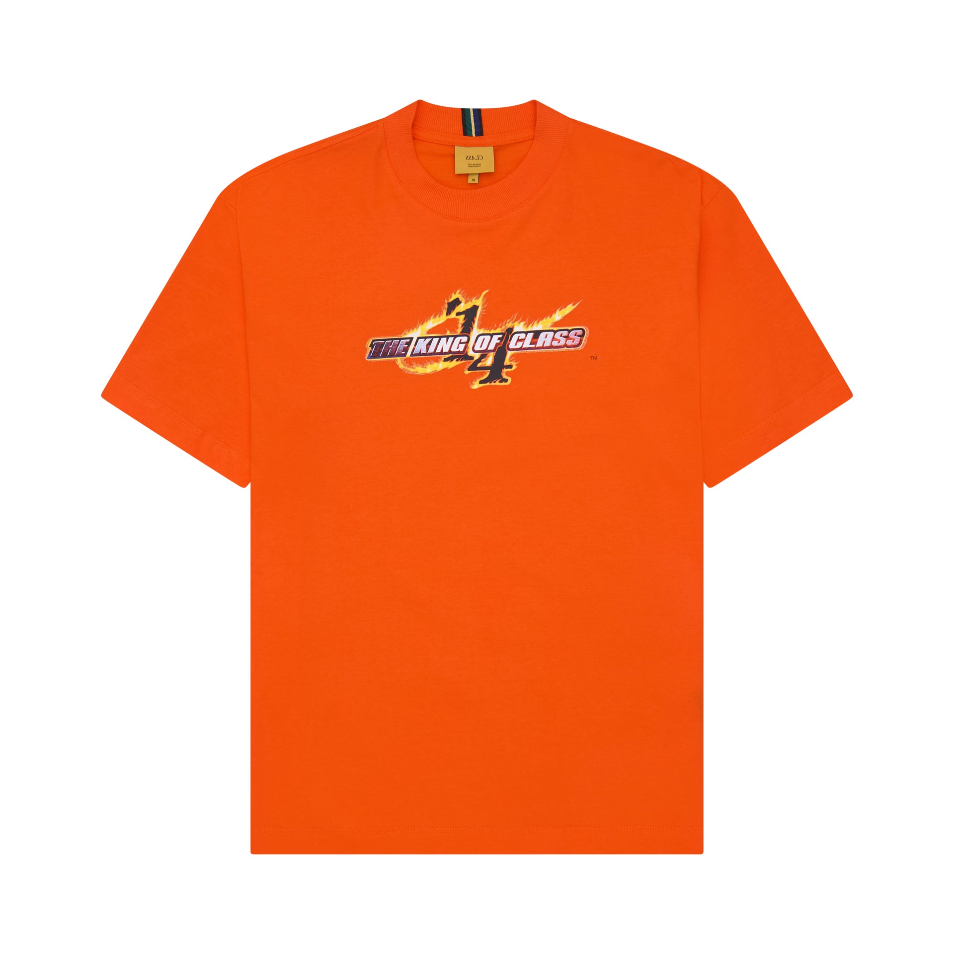 Camiseta laranja com gola careca e estampa “The King of Class” no peito