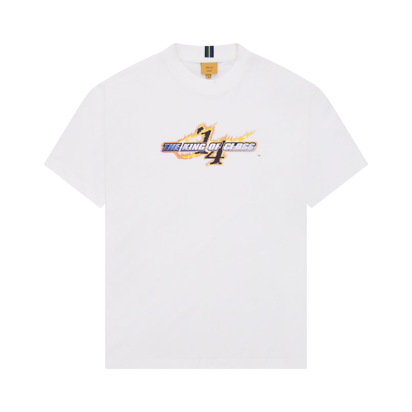 Camiseta off-white com estampa colorida frontal e gola careca