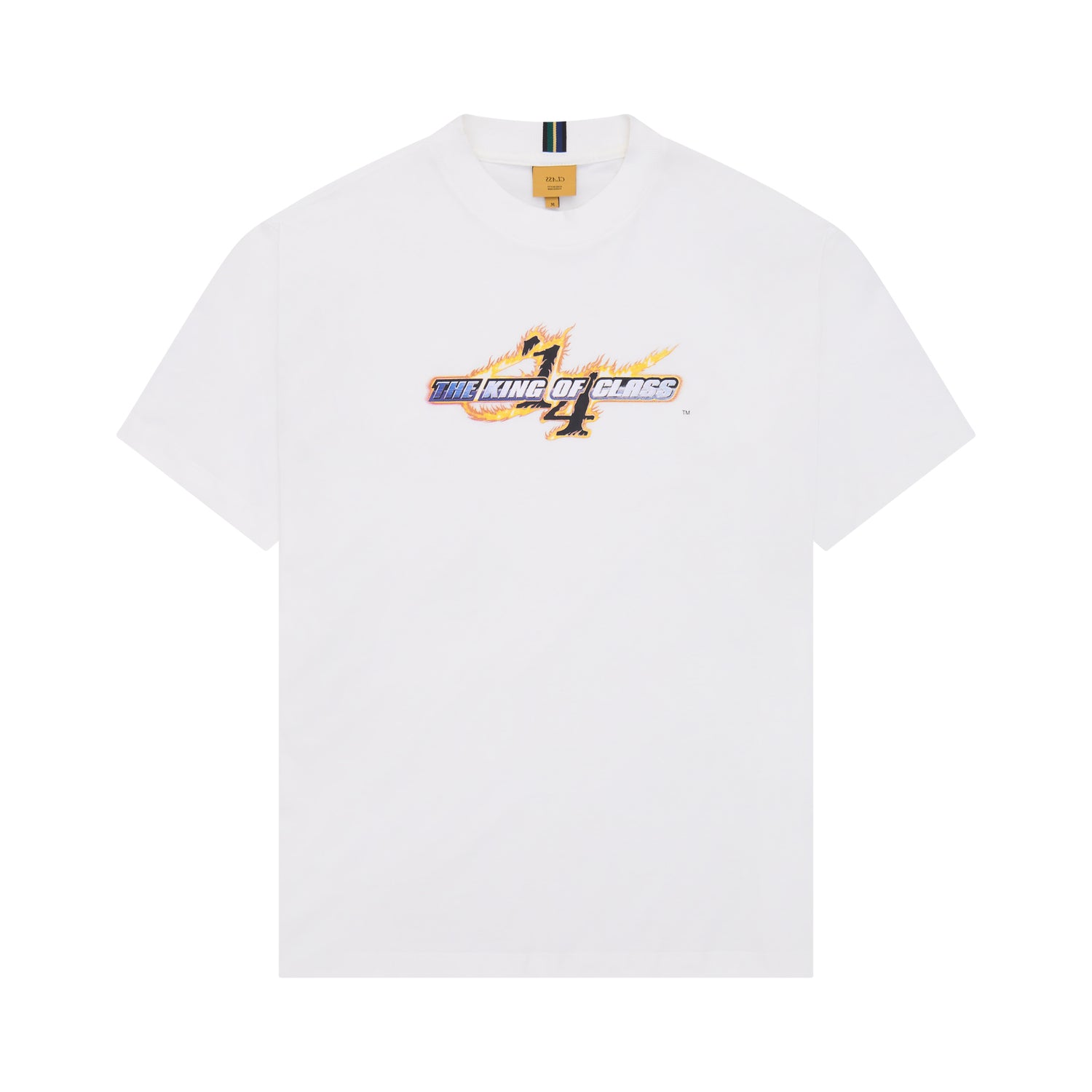 Camiseta off-white com estampa colorida frontal e gola careca