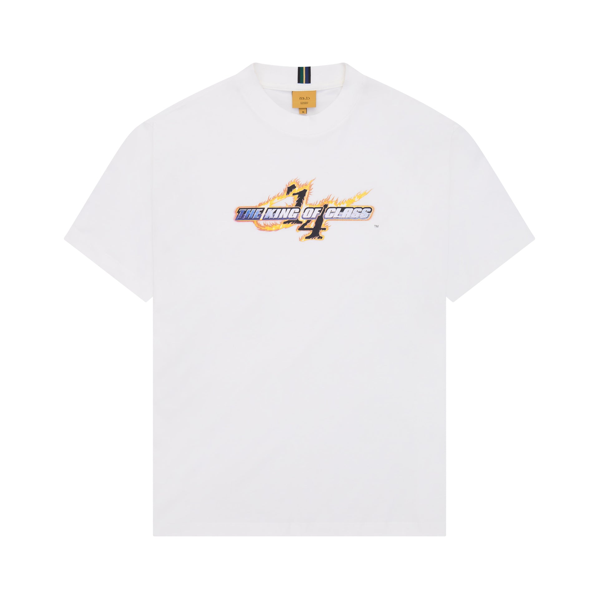 Camiseta off-white com estampa colorida frontal e gola careca