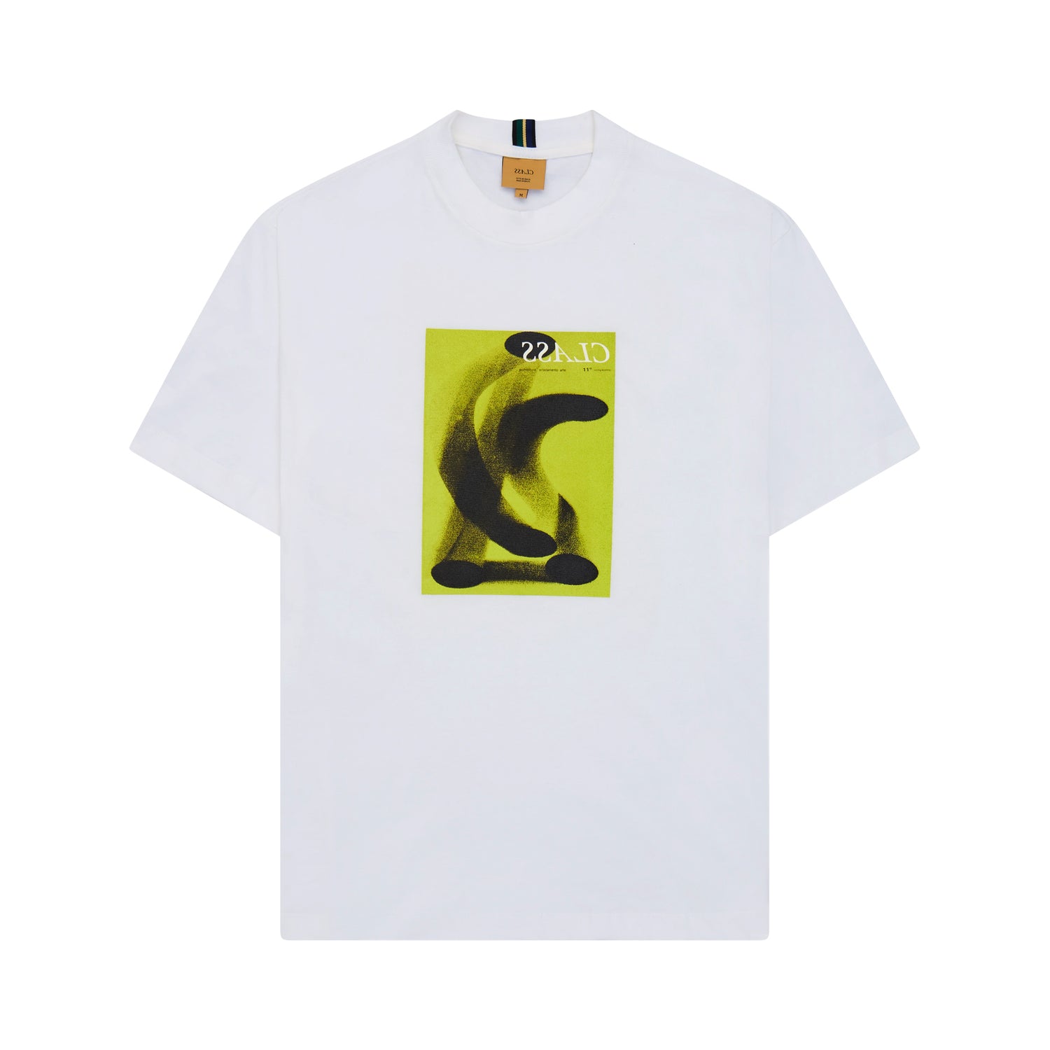 Camiseta off-white com estampa abstrata preta e verde no centro